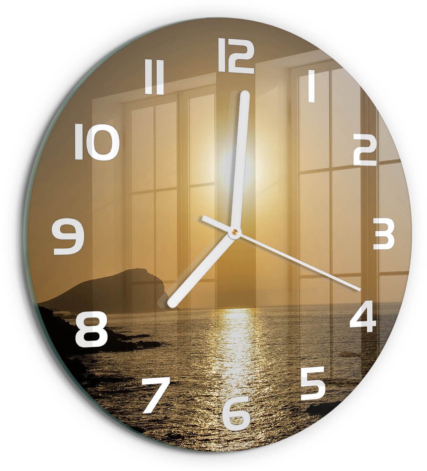 TULUP Wandklok - Zonsondergang Zee Glazen Klok Met Print - fi30 cm - Geel Wandklok Glas Met Motief - Witte handen - Ronde Klok - Wandklok Glas Decoratie - Gekleurde Glazen Klok