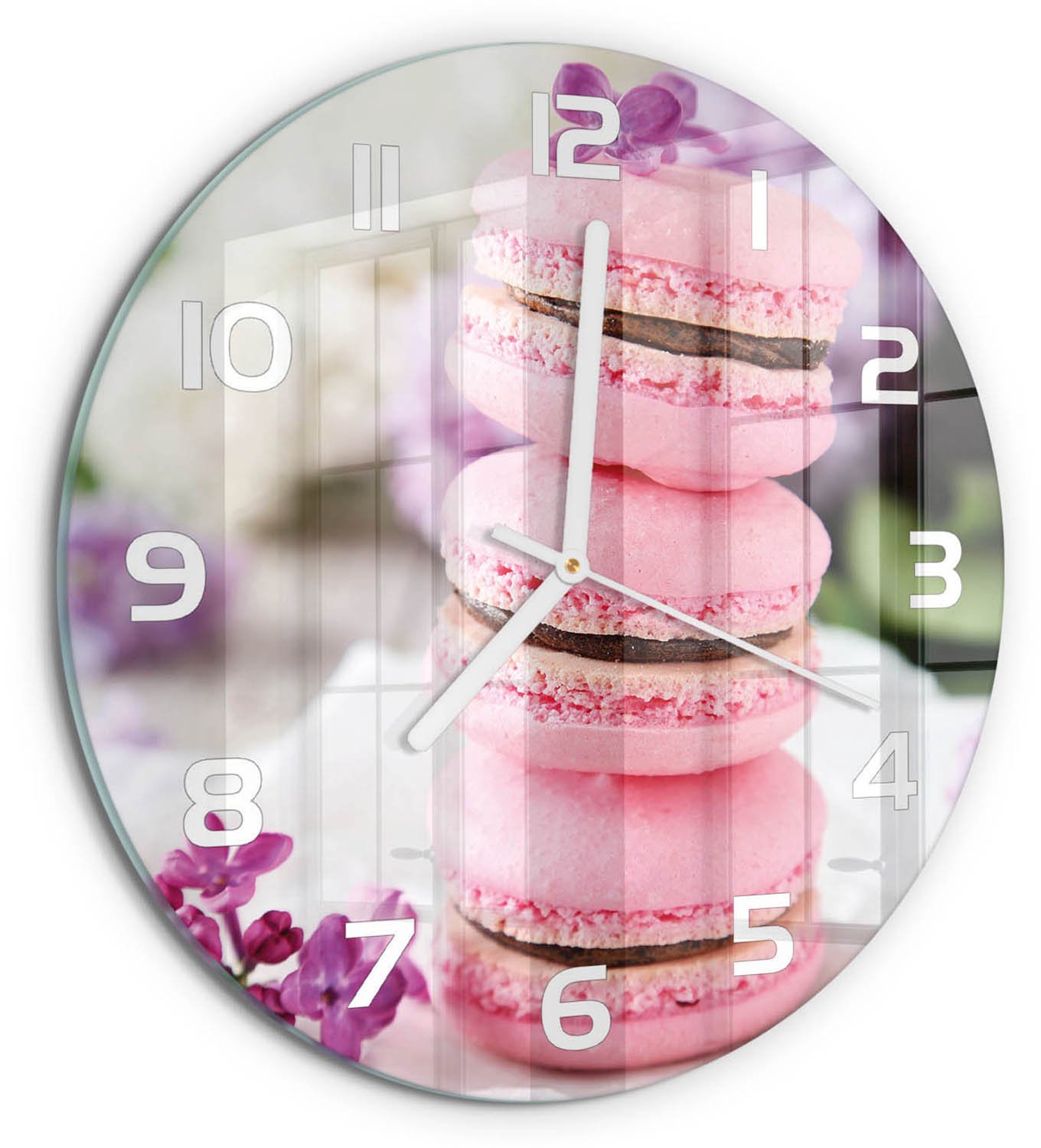 TULUP Wandklok - Cookies Wandklok Glas Met Motief - fi30 cm - Roze Decoratieve Glazen Klok - Witte handen - Ronde Klok - Gekleurde Glazen Klok - Glazen Klok Met Print