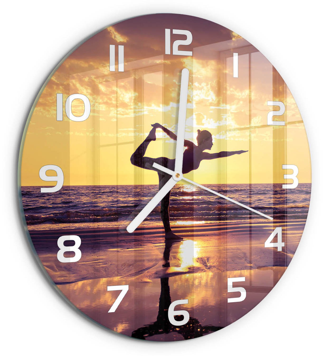 TULUP Wandklok - Yoga op het strand Decoratieve Glazen Klok - fi30 cm - Geel Glazen Wandklok Design - Witte handen - Ronde Klok - Glazen Klok Met Print - Wandklok Glas Met Motief