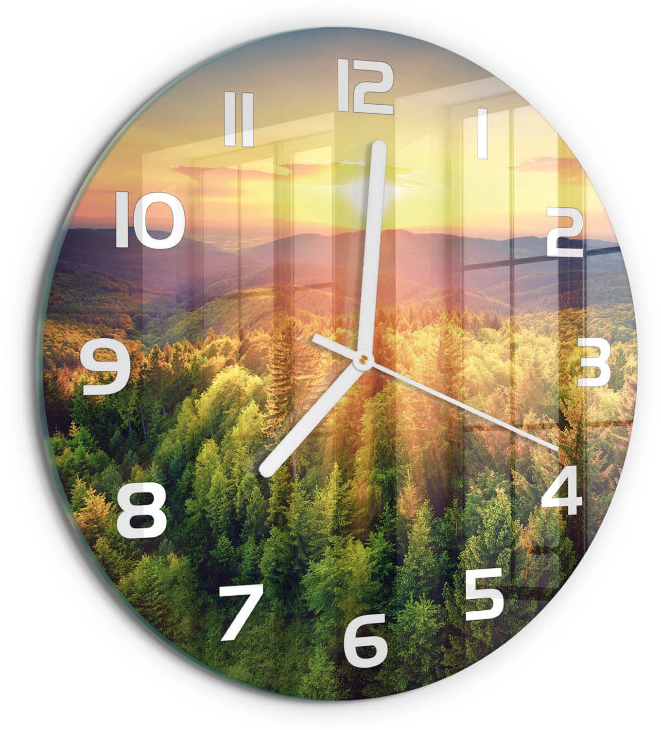 TULUP Wandklok - Zonsondergang in het bos Glazen Wandklok Design - fi30 cm - Geel Klok Glas Met Opdruk - Witte handen - Ronde Klok - Wandklok Glas Met Motief - Decoratieve Glazen Klok