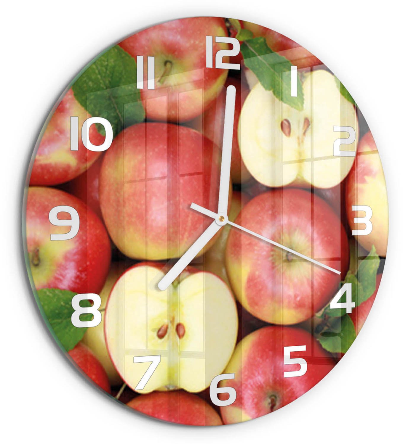 TULUP Wandklok - Appels Gekleurde Glazen Klok - fi30 cm - Rood Glazen Klok Met Print - Witte handen - Ronde Klok - Moderne Wandklok Glas - Wandklok Glas Decoratie