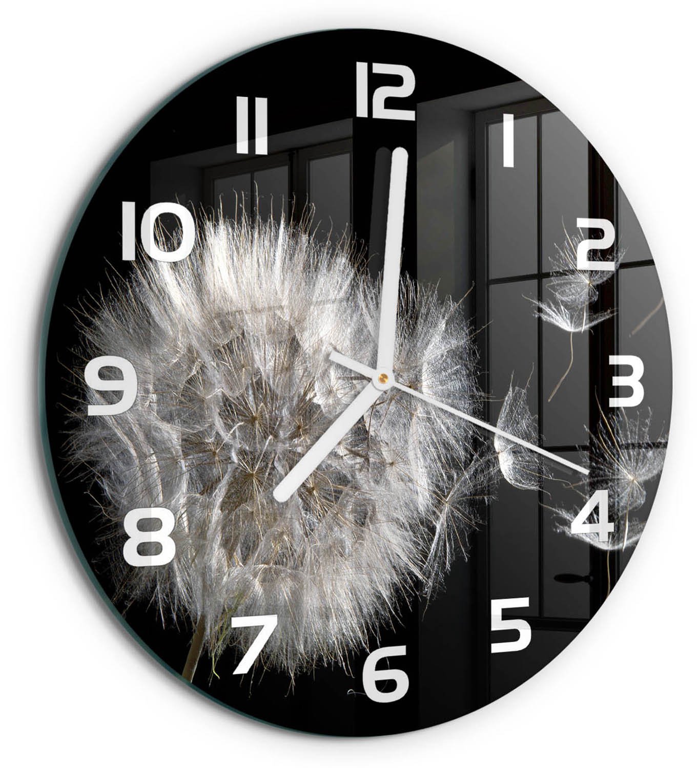 TULUP Wandklok - Paardebloem Wandklok Glas Decoratie - fi30 cm - Zwart Gekleurde Glazen Klok - Witte handen - Ronde Klok - Klok Glas Met Opdruk - Moderne Wandklok Glas