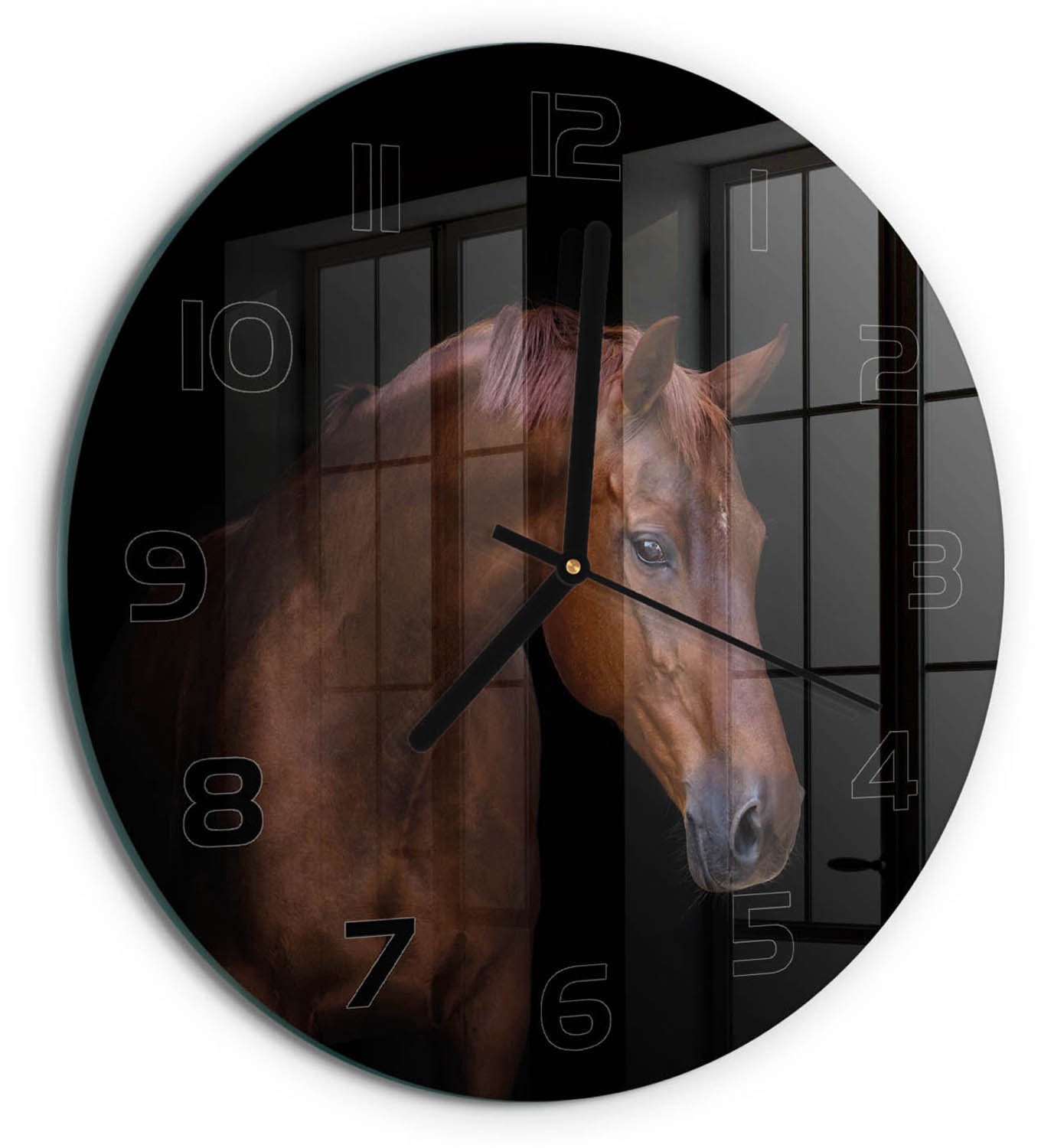 TULUP Wandklok - Bruin Paard Glazen Klok Met Print - fi30 cm - Bruin Wandklok Glas Met Motief - Zwarte handen - Ronde Klok - Wandklok Glas Decoratie - Gekleurde Glazen Klok