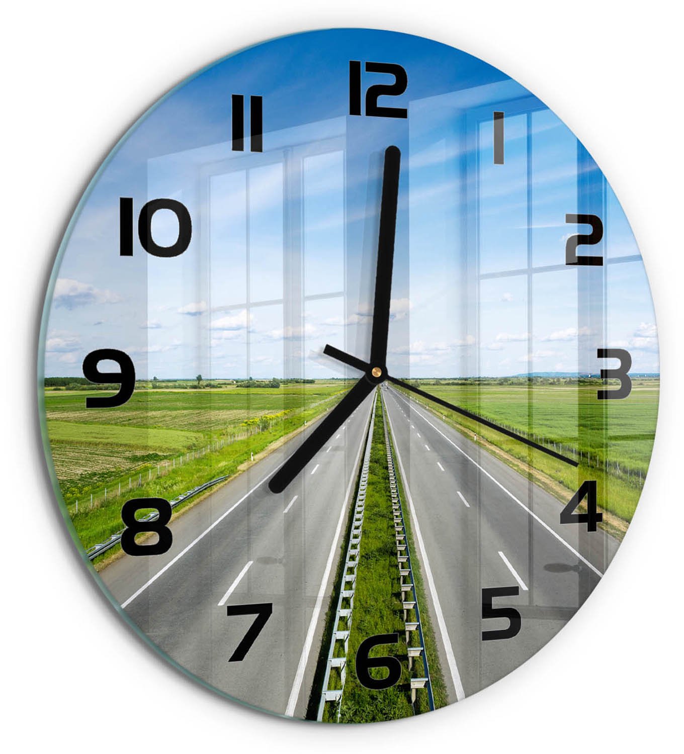 TULUP Wandklok - Snelweg Decoratieve Glazen Klok - fi30 cm - Groente Glazen Wandklok Design - Zwarte handen - Ronde Klok - Glazen Klok Met Print - Wandklok Glas Met Motief