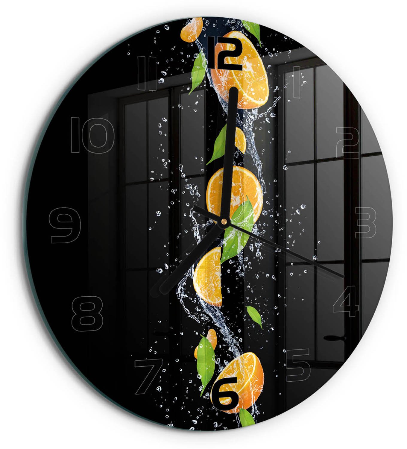 TULUP Wandklok - Sinaasappels en water Gekleurde Glazen Klok - fi30 cm - Oranje Glazen Klok Met Print - Zwarte handen - Ronde Klok - Moderne Wandklok Glas - Wandklok Glas Decoratie