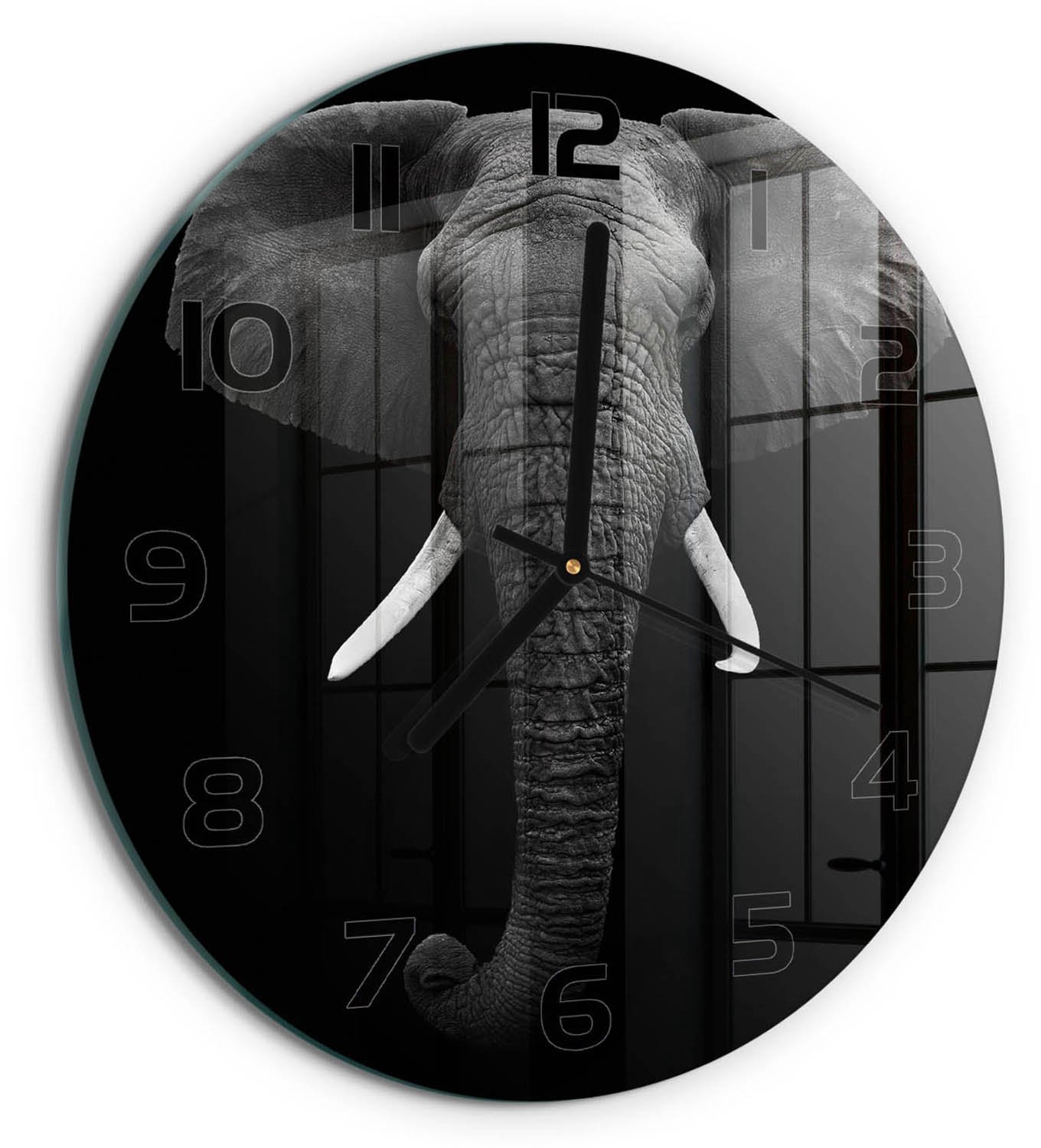 TULUP Wandklok - Afrikaanse olifant Decoratieve Glazen Klok - fi30 cm - Zwart-wit Glazen Wandklok Design - Zwarte handen - Ronde Klok - Glazen Klok Met Print - Wandklok Glas Met Motief