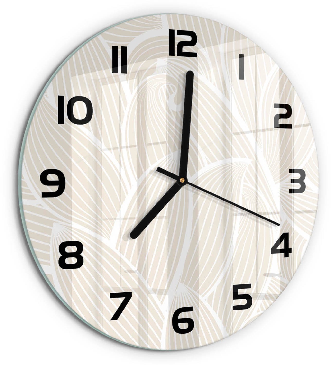 TULUP Wandklok - Bladpatroon Decoratieve Glazen Klok - fi30 cm - Beige Glazen Wandklok Design - Zwarte handen - Ronde Klok - Glazen Klok Met Print - Wandklok Glas Met Motief