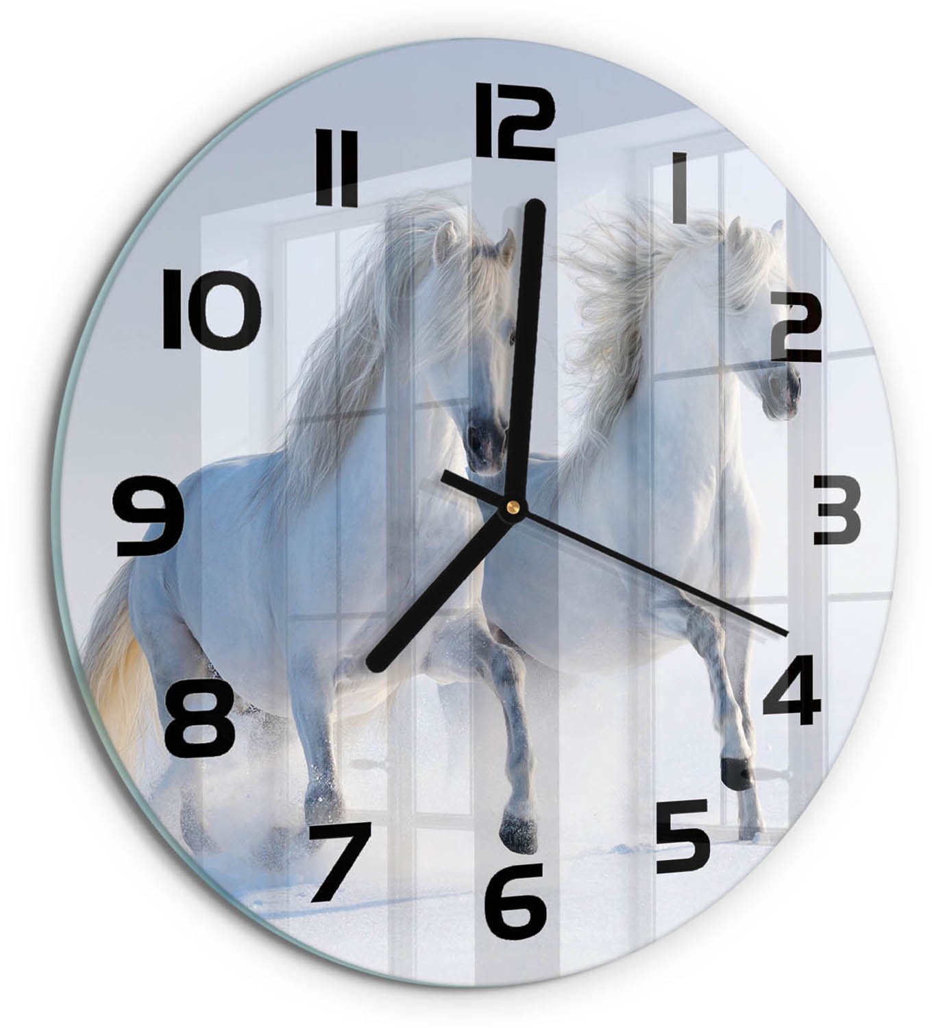 TULUP Wandklok - Twee paarden in de sneeuw Klok Glas Met Opdruk - fi30 cm - Wit Moderne Wandklok Glas - Zwarte handen - Ronde Klok - Decoratieve Glazen Klok - Glazen Wandklok Design