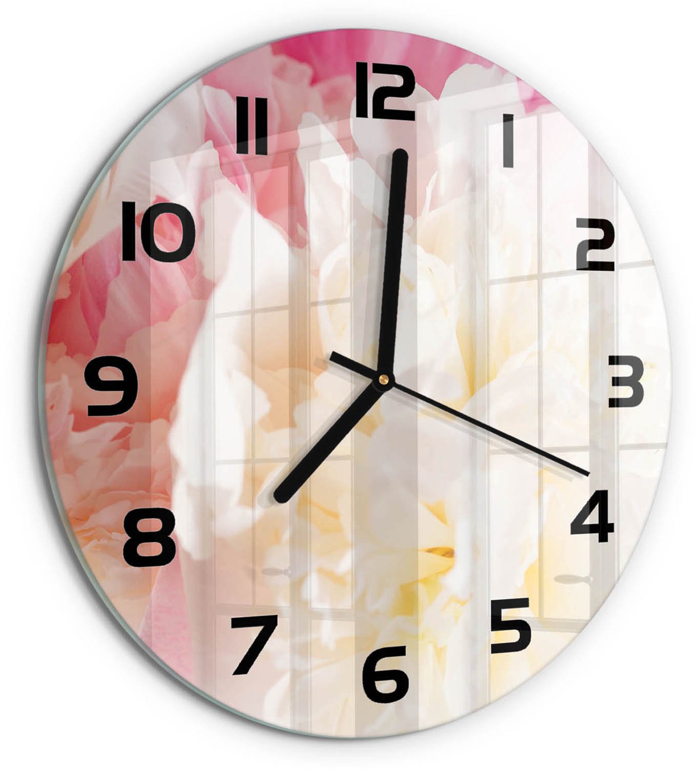TULUP Wandklok - Pioen Wandklok Glas Met Motief - fi30 cm - Roze Decoratieve Glazen Klok - Zwarte handen - Ronde Klok - Gekleurde Glazen Klok - Glazen Klok Met Print