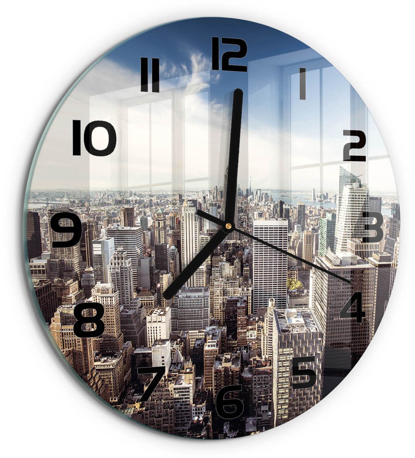 TULUP Wandklok - New York Moderne Wandklok Glas - fi30 cm - Blauw Wandklok Glas Decoratie - Zwarte handen - Ronde Klok - Glazen Wandklok Design - Klok Glas Met Opdruk