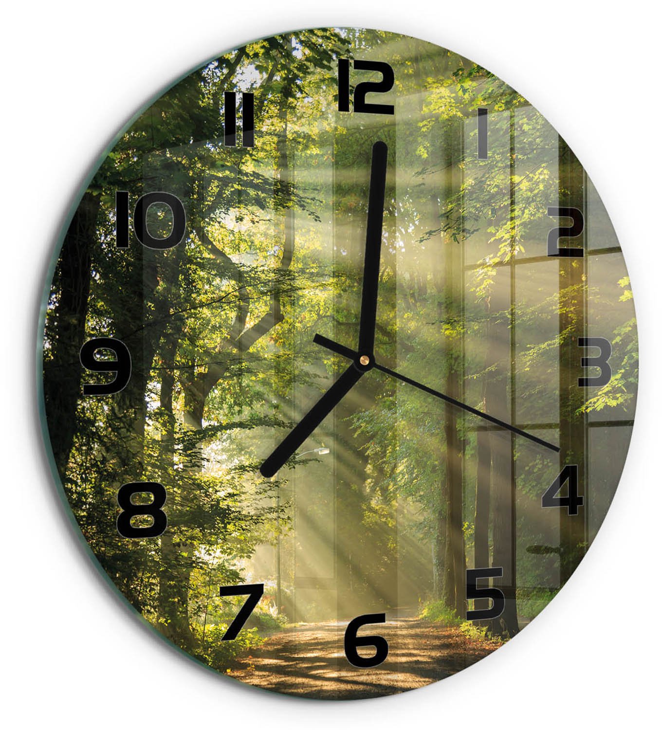 TULUP Wandklok - Bos in de zon Klok Glas Met Opdruk - fi30 cm - Groente Moderne Wandklok Glas - Zwarte handen - Ronde Klok - Decoratieve Glazen Klok - Glazen Wandklok Design