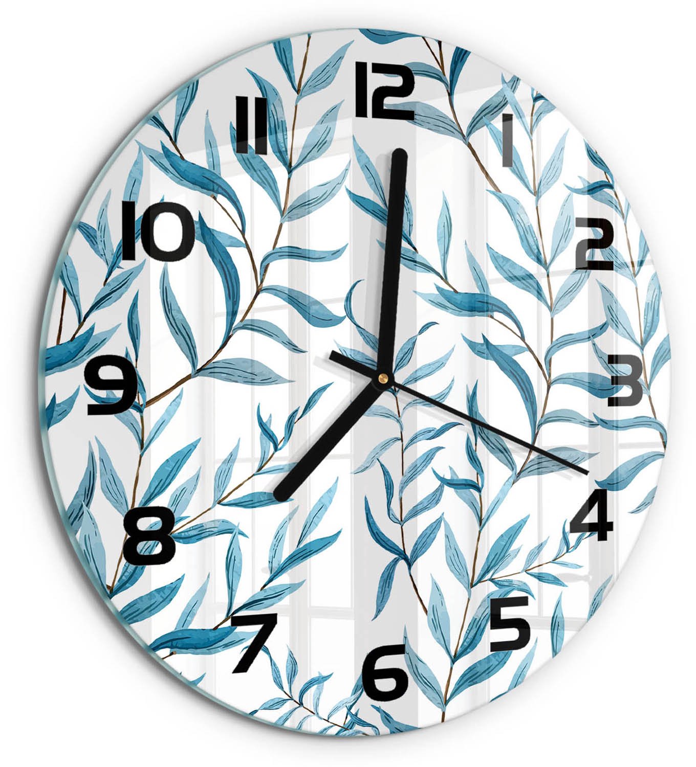 TULUP Wandklok - Bladeren Decoratieve Glazen Klok - fi30 cm - Blauw Glazen Wandklok Design - Zwarte handen - Ronde Klok - Glazen Klok Met Print - Wandklok Glas Met Motief