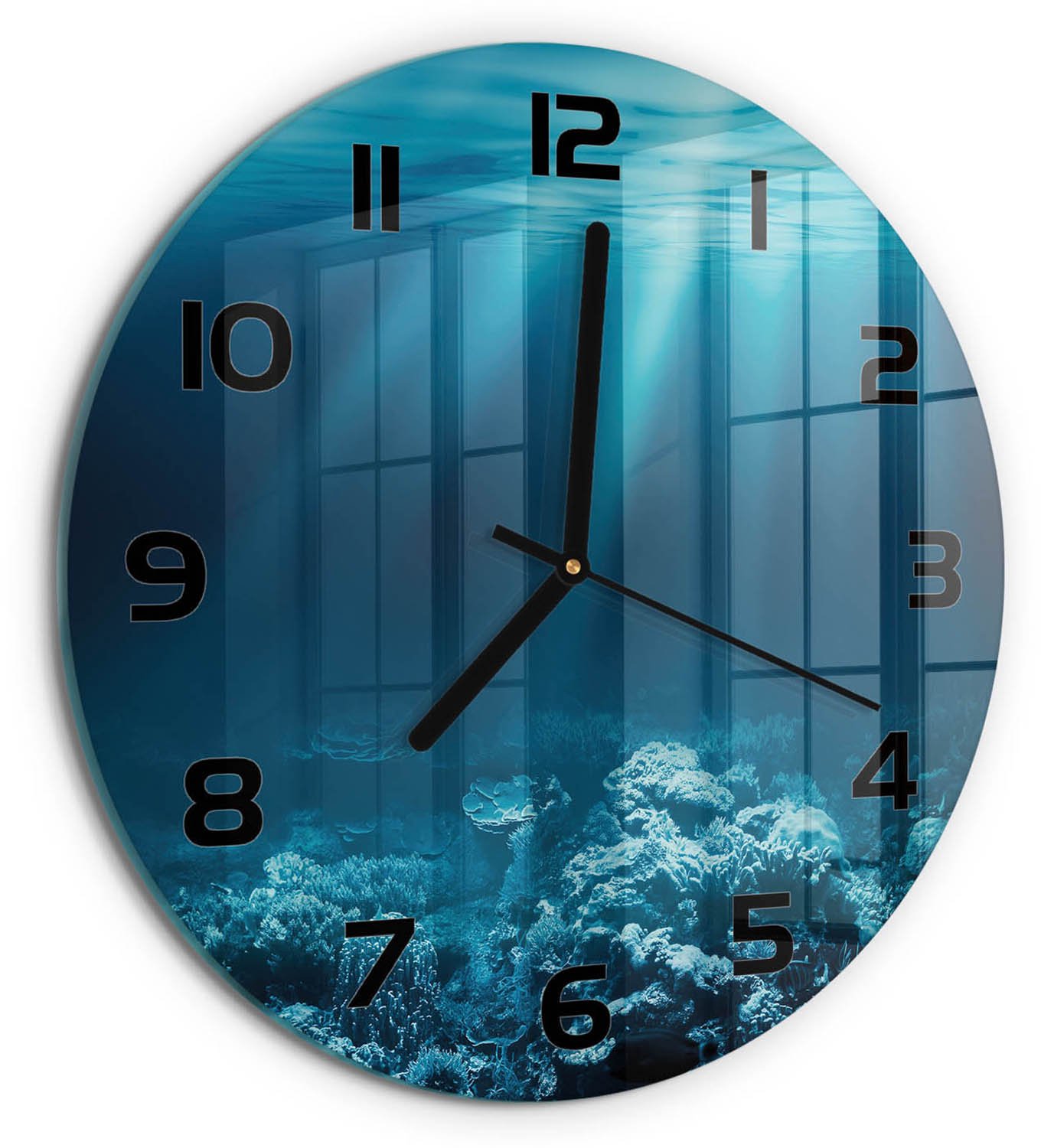 TULUP Wandklok - Onderwaterwereld Moderne Wandklok Glas - fi30 cm - Blauw Wandklok Glas Decoratie - Zwarte handen - Ronde Klok - Glazen Wandklok Design - Klok Glas Met Opdruk