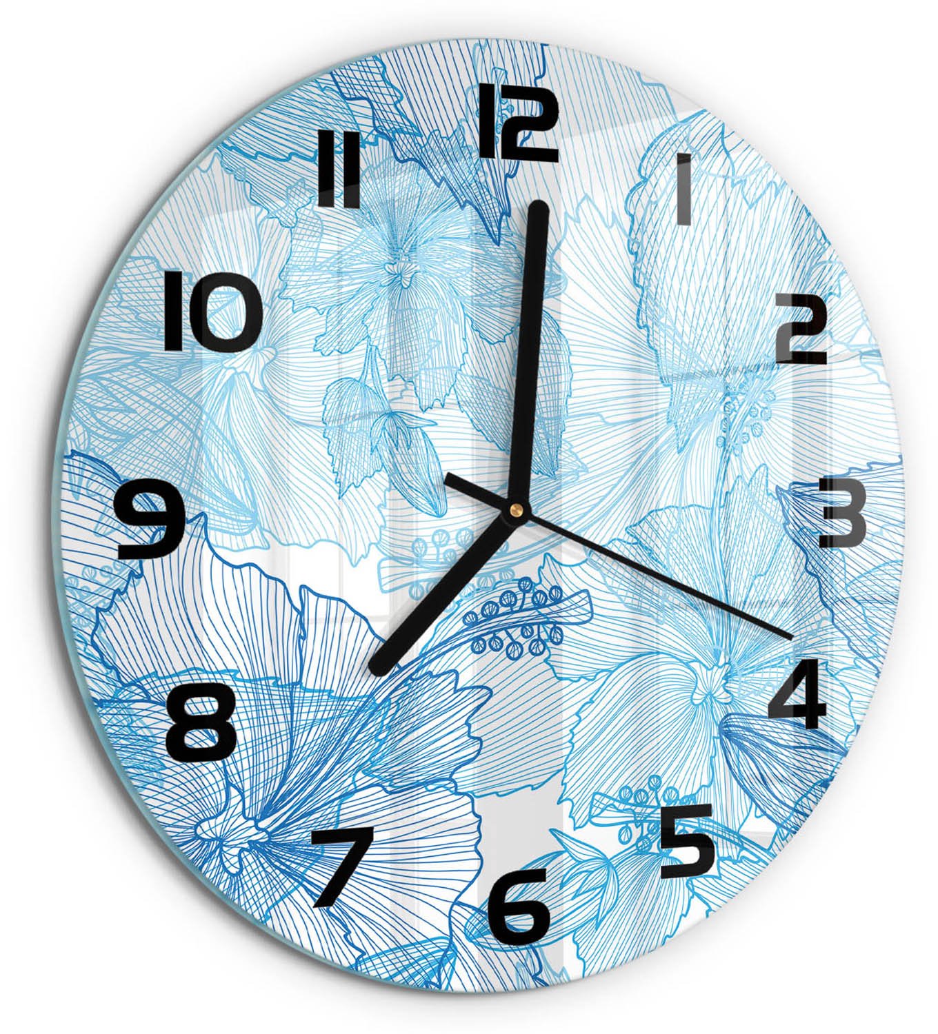 TULUP Wandklok - Hawaiiaanse bloemen Glazen Wandklok Design - fi30 cm - Blauw Klok Glas Met Opdruk - Zwarte handen - Ronde Klok - Wandklok Glas Met Motief - Decoratieve Glazen Klok