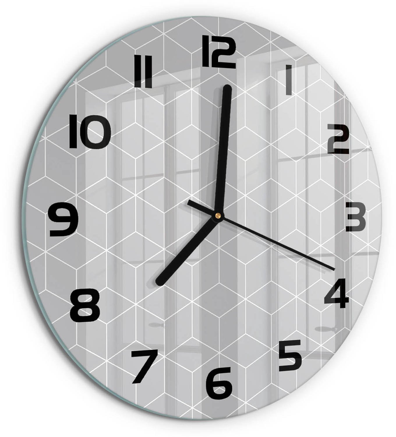 TULUP Wandklok - Geometrische achtergrond Decoratieve Glazen Klok - fi30 cm - Grijs Glazen Wandklok Design - Zwarte handen - Ronde Klok - Glazen Klok Met Print - Wandklok Glas Met Motief