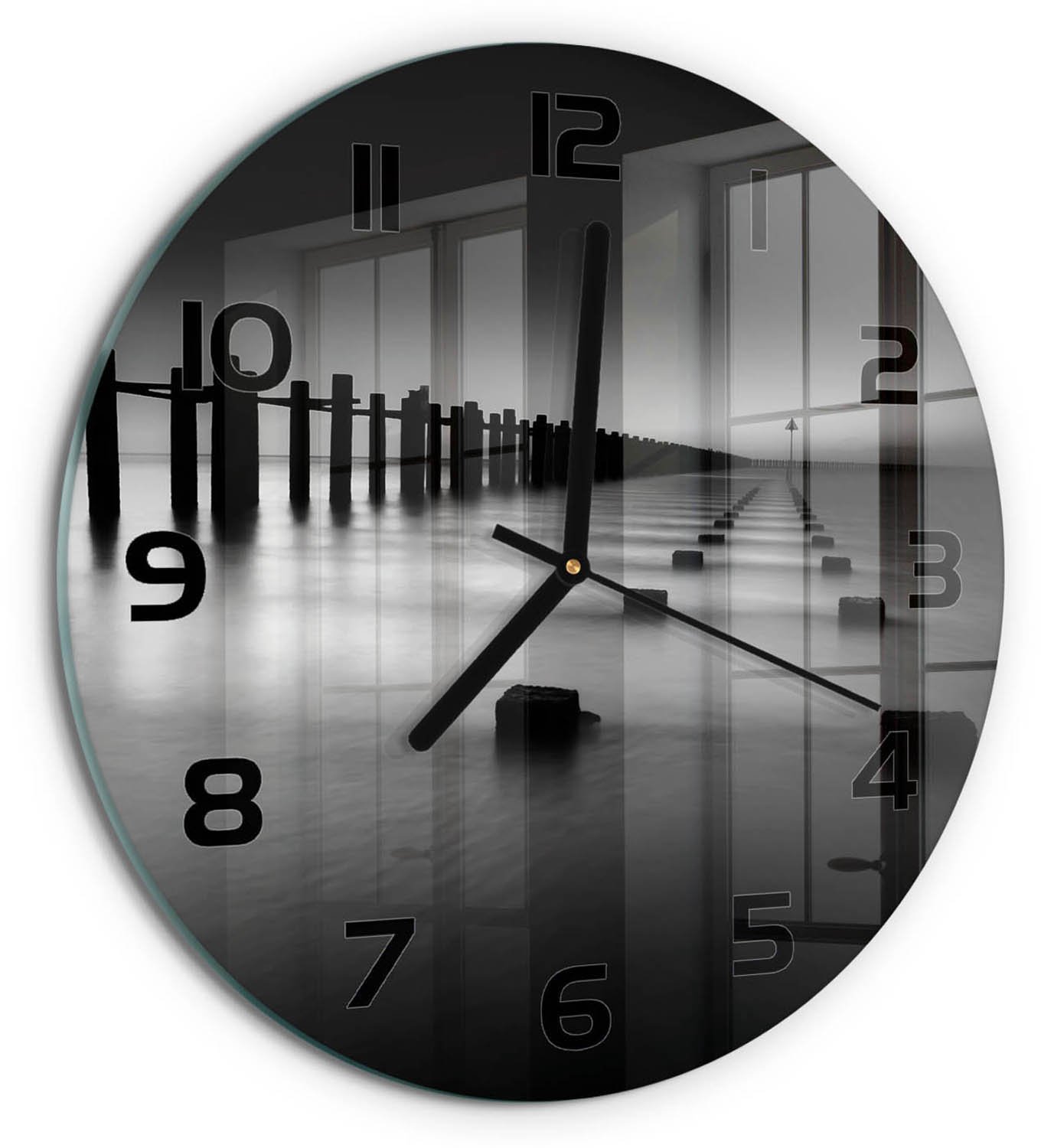 TULUP Wandklok - De golfbreker van de Theems Glazen Klok Met Print - fi30 cm - Zwart-wit Wandklok Glas Met Motief - Zwarte handen - Ronde Klok - Wandklok Glas Decoratie - Gekleurde Glazen Klok