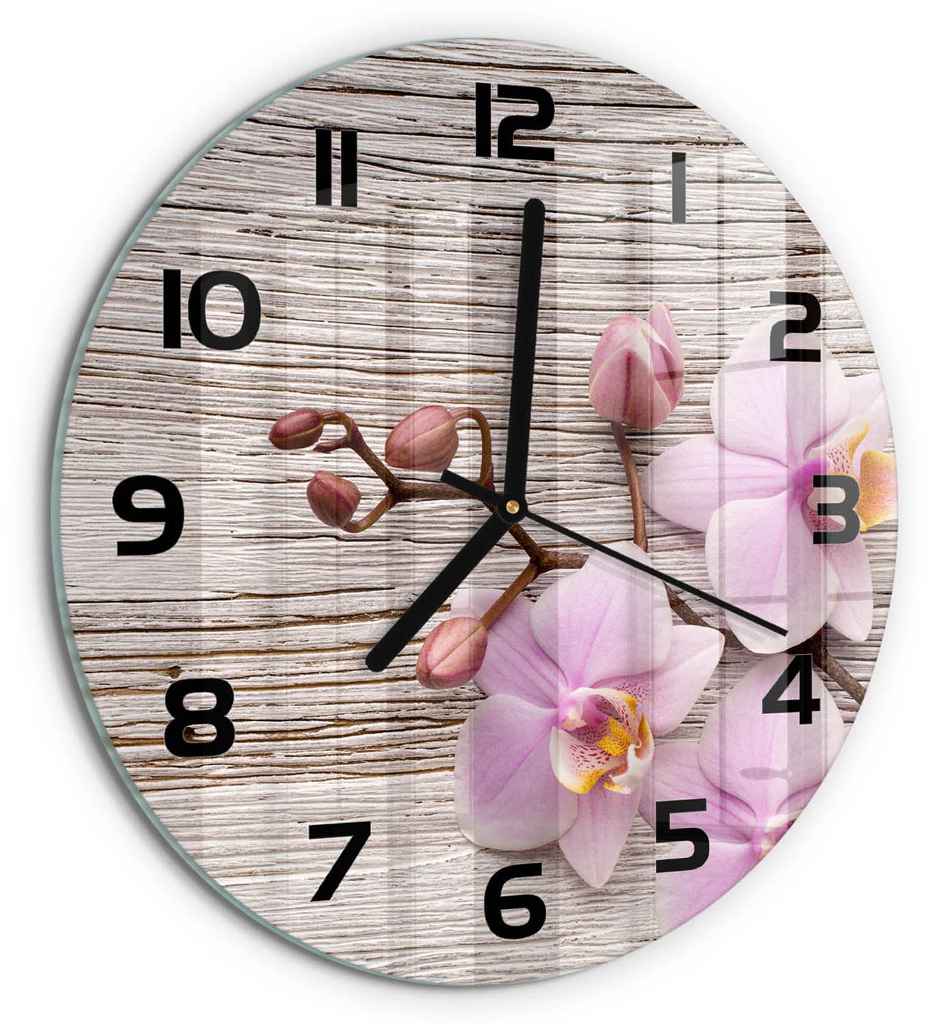 TULUP Wandklok - Orchidee op hout Glazen Klok Met Print - fi30 cm - Beige Wandklok Glas Met Motief - Zwarte handen - Ronde Klok - Wandklok Glas Decoratie - Gekleurde Glazen Klok