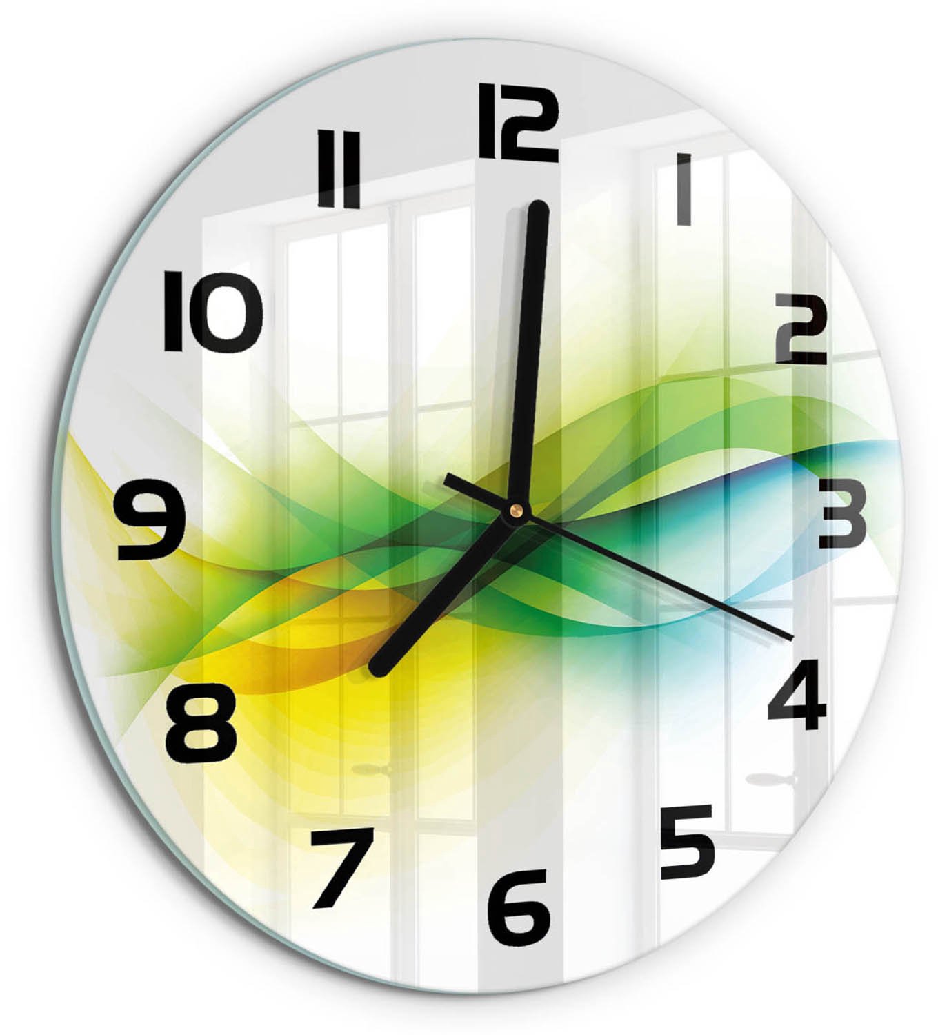 TULUP Wandklok - Golfabstractie Wandklok Glas Met Motief - fi30 cm - Veelkleurig Decoratieve Glazen Klok - Zwarte handen - Ronde Klok - Gekleurde Glazen Klok - Glazen Klok Met Print