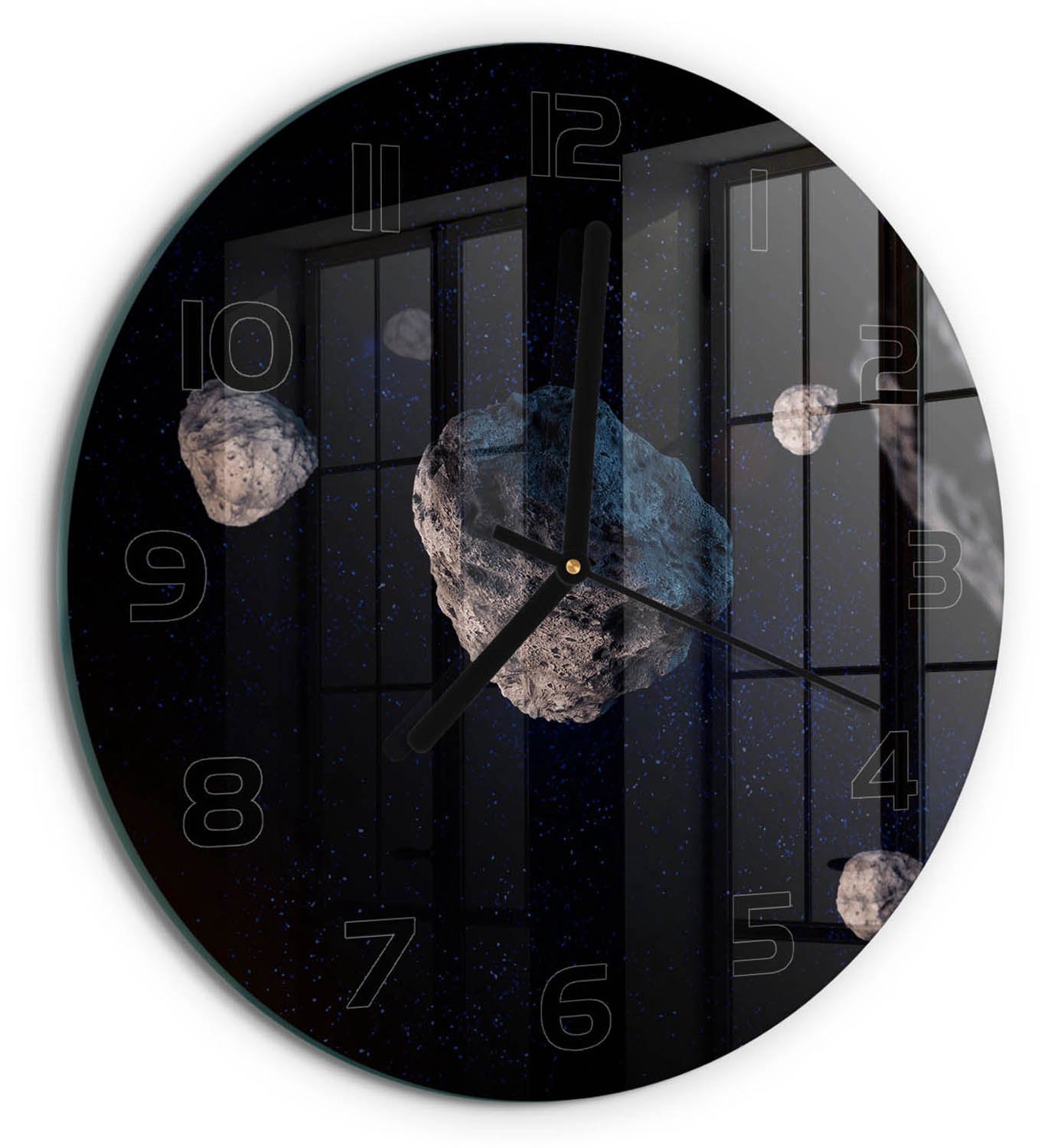 TULUP Wandklok - Meteoren Wandklok Glas Decoratie - fi30 cm - Zwart Gekleurde Glazen Klok - Zwarte handen - Ronde Klok - Klok Glas Met Opdruk - Moderne Wandklok Glas