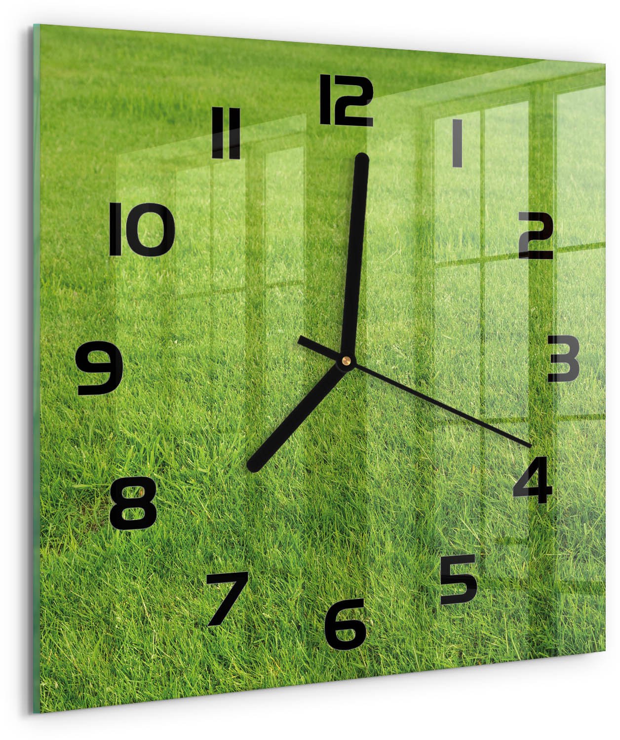 Tulup Wandklok - Groen gras Moderne Wandklok Glas - 30x30 cm - Groente Wandklok Glas Decoratie - Zwarte handen - Vierkante Klok - Glazen Wandklok Design - Klok Glas Met Opdruk