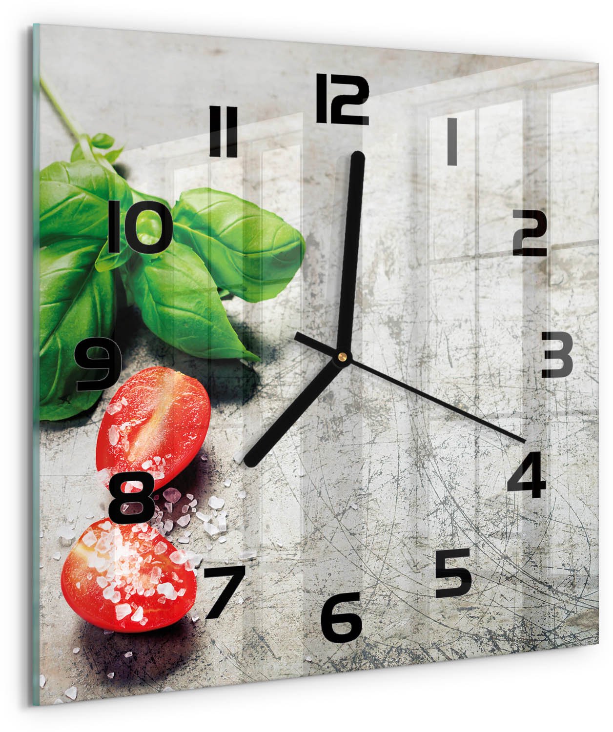 Tulup Wandklok - Tomaten en basilicum Glazen Wandklok Design - 30x30 cm - Rood Klok Glas Met Opdruk - Zwarte handen - Vierkante Klok - Wandklok Glas Met Motief - Decoratieve Glazen Klok