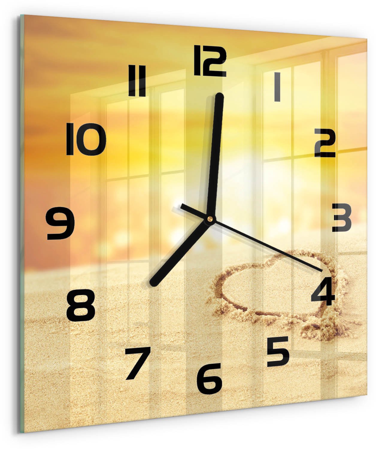Tulup Wandklok - Hart in het zand Moderne Wandklok Glas - 30x30 cm - Geel Wandklok Glas Decoratie - Zwarte handen - Vierkante Klok - Glazen Wandklok Design - Klok Glas Met Opdruk