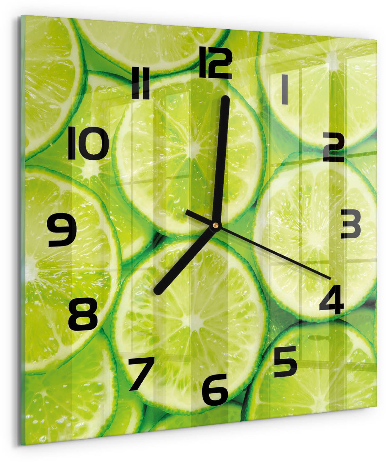 Tulup Wandklok - Limoenen Gekleurde Glazen Klok - 30x30 cm - Groente Glazen Klok Met Print - Zwarte handen - Vierkante Klok - Moderne Wandklok Glas - Wandklok Glas Decoratie