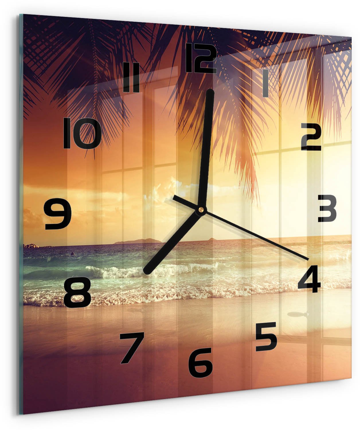 Tulup Wandklok - Tropisch strand Glazen Klok Met Print - 30x30 cm - Oranje Wandklok Glas Met Motief - Zwarte handen - Vierkante Klok - Wandklok Glas Decoratie - Gekleurde Glazen Klok