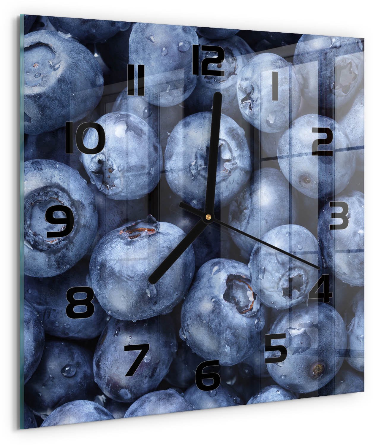 Tulup Wandklok - Bosbessen Decoratieve Glazen Klok - 30x30 cm - Blauw Glazen Wandklok Design - Zwarte handen - Vierkante Klok - Glazen Klok Met Print - Wandklok Glas Met Motief