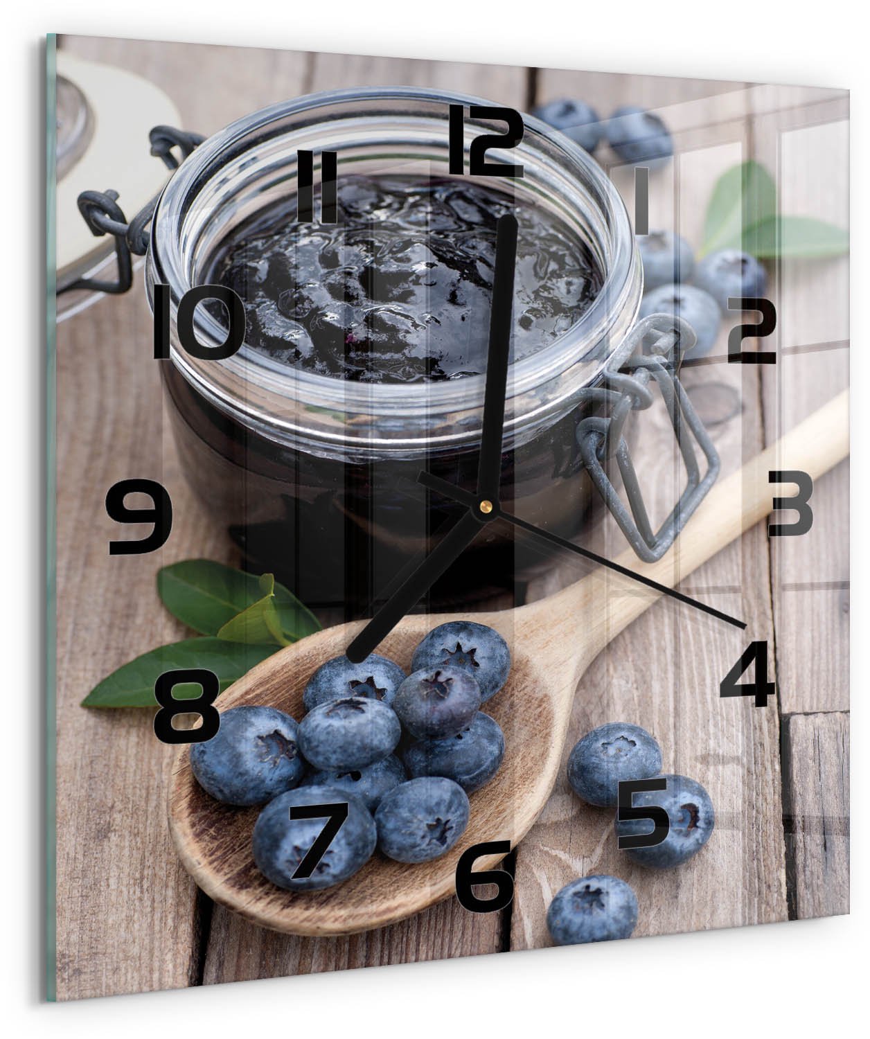 TULUP Wandklok - Bosbessenjam Decoratieve Glazen Klok - 30x30 cm - Blauw Glazen Wandklok Design - Zwarte handen - Vierkante Klok - Glazen Klok Met Print - Wandklok Glas Met Motief