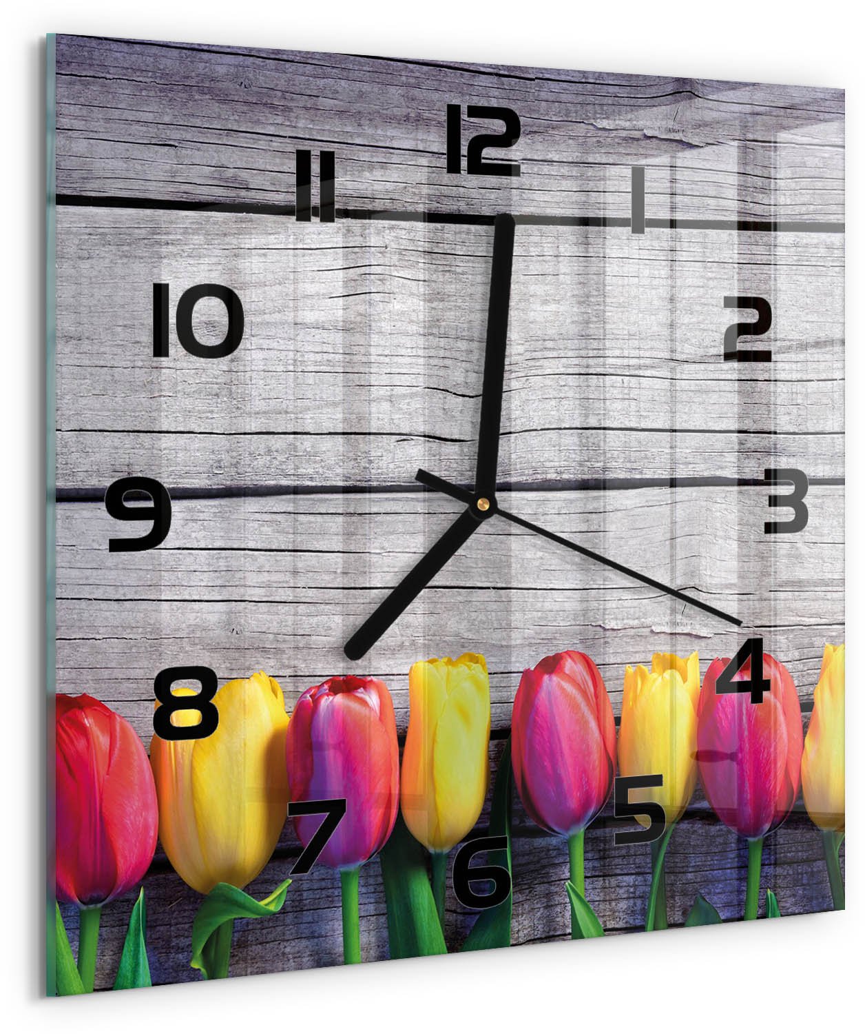 TULUP Wandklok - Tulpen op hout Wandklok Glas Decoratie - 30x30 cm - Veelkleurig Gekleurde Glazen Klok - Zwarte handen - Vierkante Klok - Klok Glas Met Opdruk - Moderne Wandklok Glas