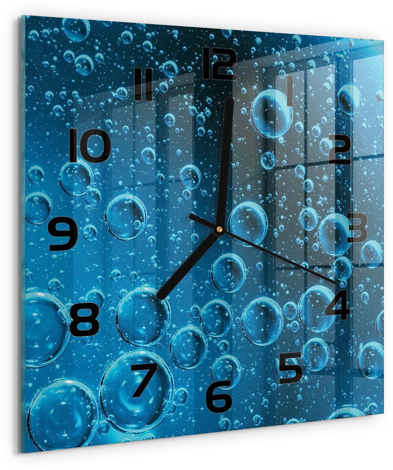 Tulup Wandklok - Onderwaterbellen Klok Glas Met Opdruk - 30x30 cm - Blauw Moderne Wandklok Glas - Zwarte handen - Vierkante Klok - Decoratieve Glazen Klok - Glazen Wandklok Design
