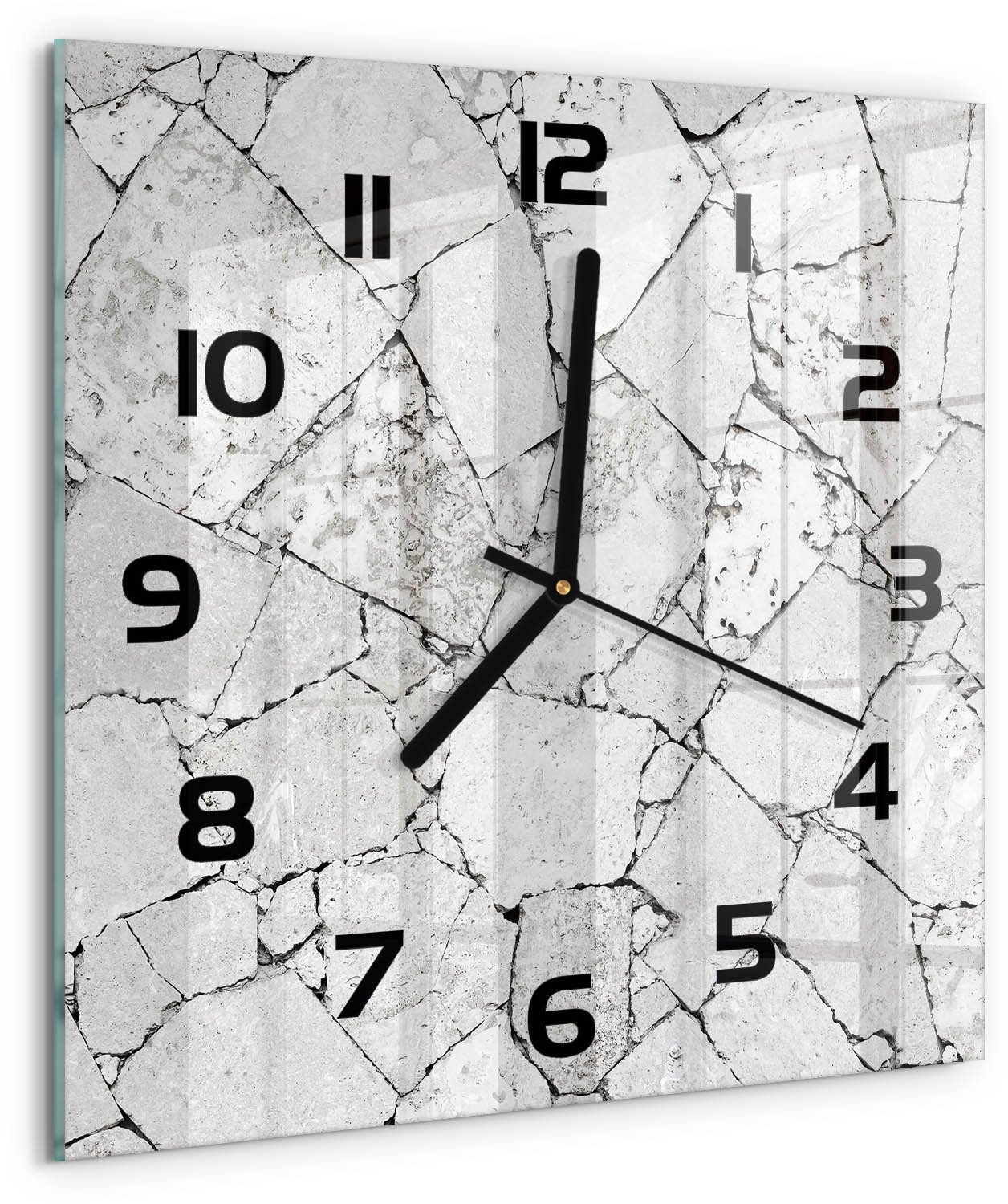 TULUP Wandklok - Stenen muur Moderne Wandklok Glas - 30x30 cm - Wit Wandklok Glas Decoratie - Zwarte handen - Vierkante Klok - Glazen Wandklok Design - Klok Glas Met Opdruk