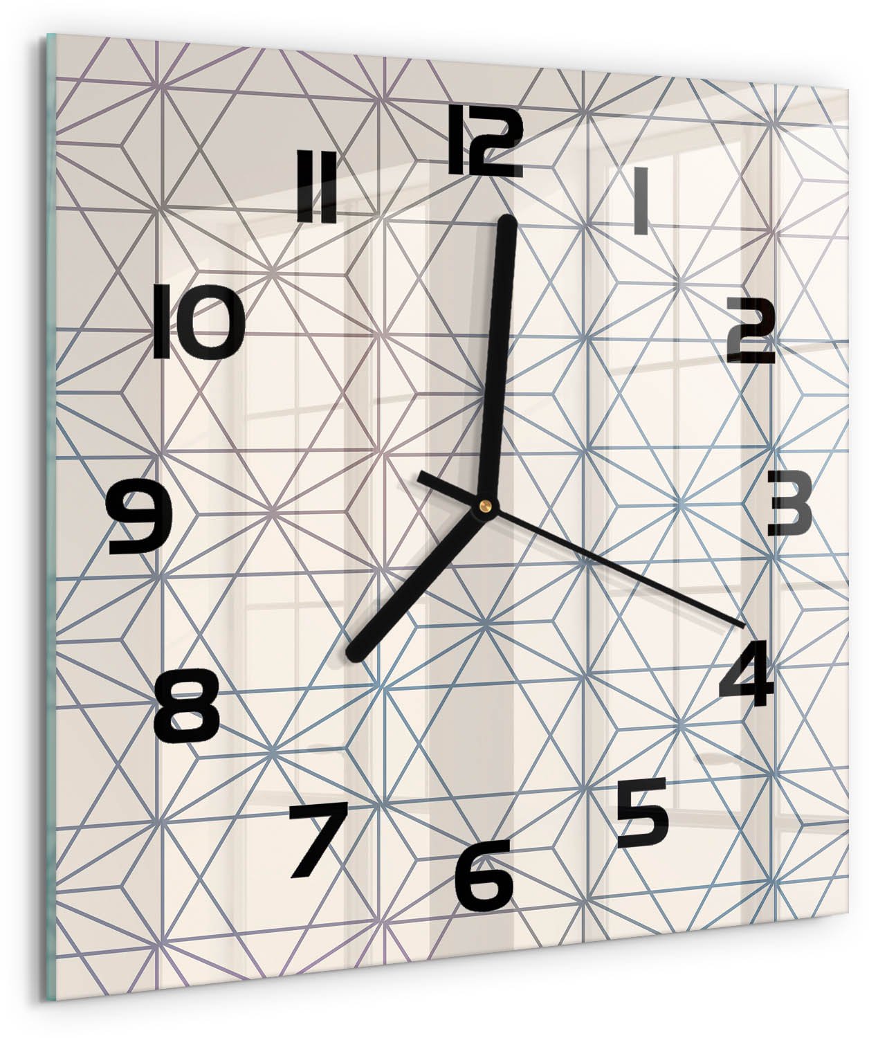 TULUP Wandklok - Geometrische achtergrond Wandklok Glas Met Motief - 30x30 cm - Beige Decoratieve Glazen Klok - Zwarte handen - Vierkante Klok - Gekleurde Glazen Klok - Glazen Klok Met Print