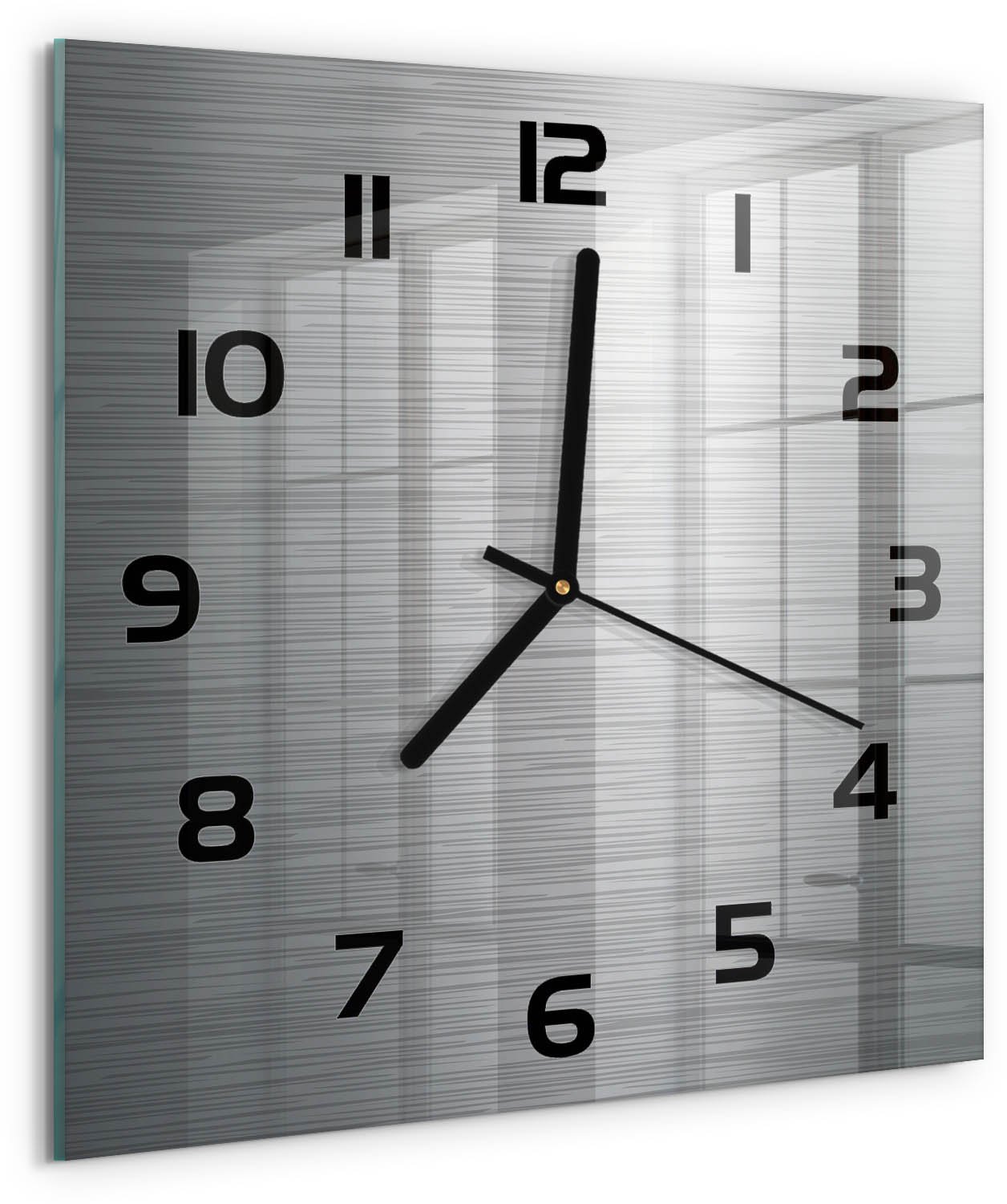 TULUP Wandklok - Metalen achtergrond Glazen Wandklok Design - 30x30 cm - Zilver Klok Glas Met Opdruk - Zwarte handen - Vierkante Klok - Wandklok Glas Met Motief - Decoratieve Glazen Klok
