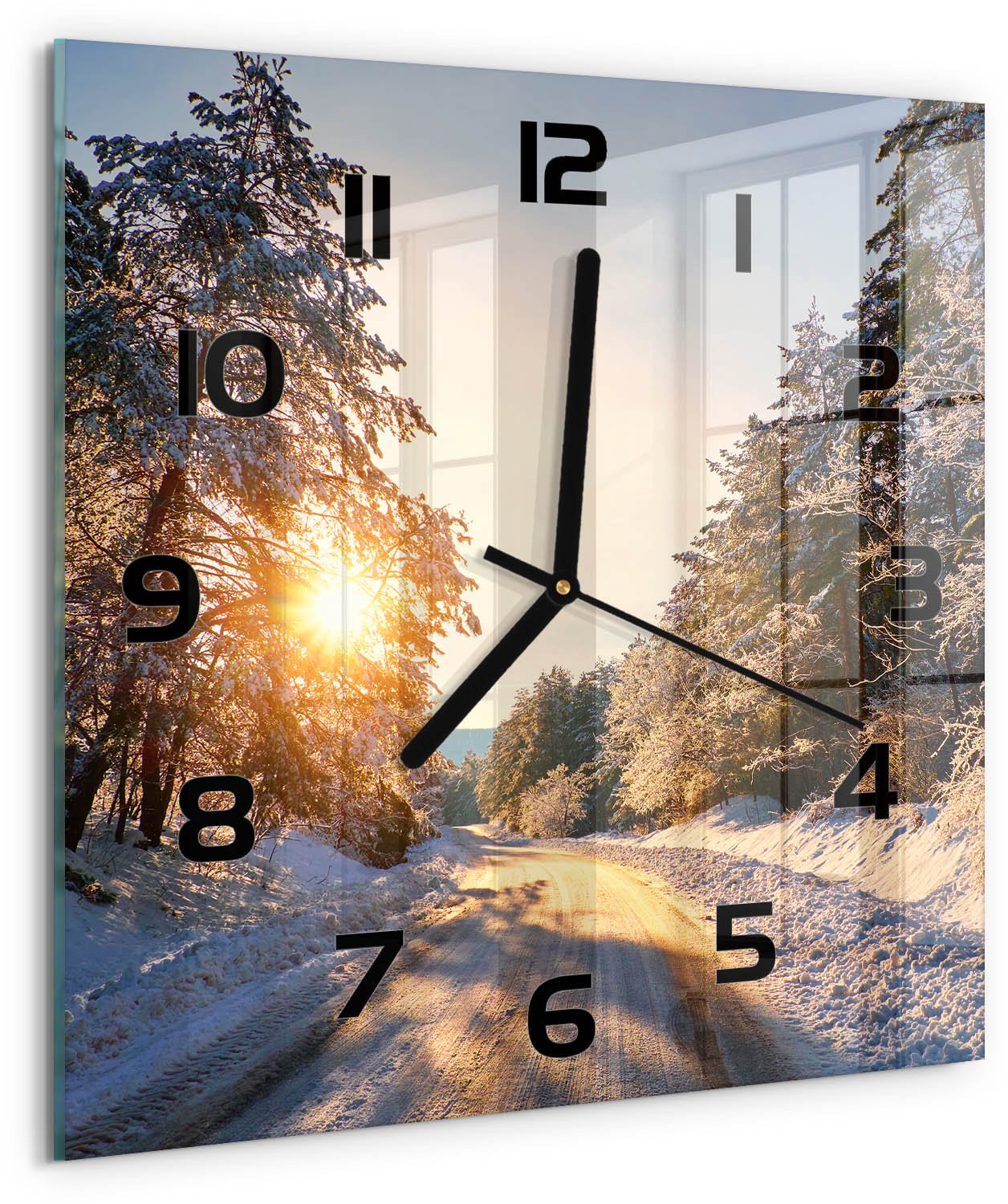 Tulup Wandklok - Een straat in het Winterbos. Decoratieve Glazen Klok - 30x30 cm - Geel Glazen Wandklok Design - Zwarte handen - Vierkante Klok - Glazen Klok Met Print - Wandklok Glas Met Motief