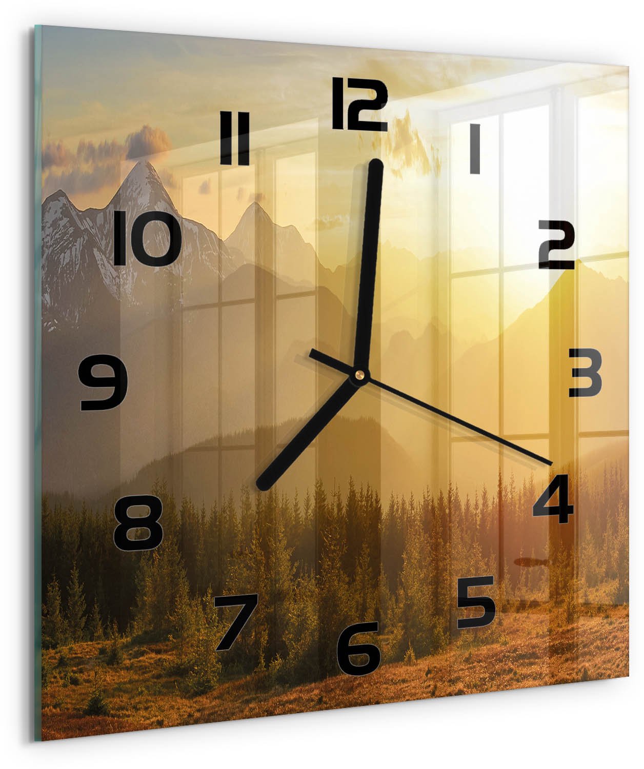 TULUP Wandklok - Bergen bij zonsondergang Glazen Wandklok Design - 30x30 cm - Geel Klok Glas Met Opdruk - Zwarte handen - Vierkante Klok - Wandklok Glas Met Motief - Decoratieve Glazen Klok