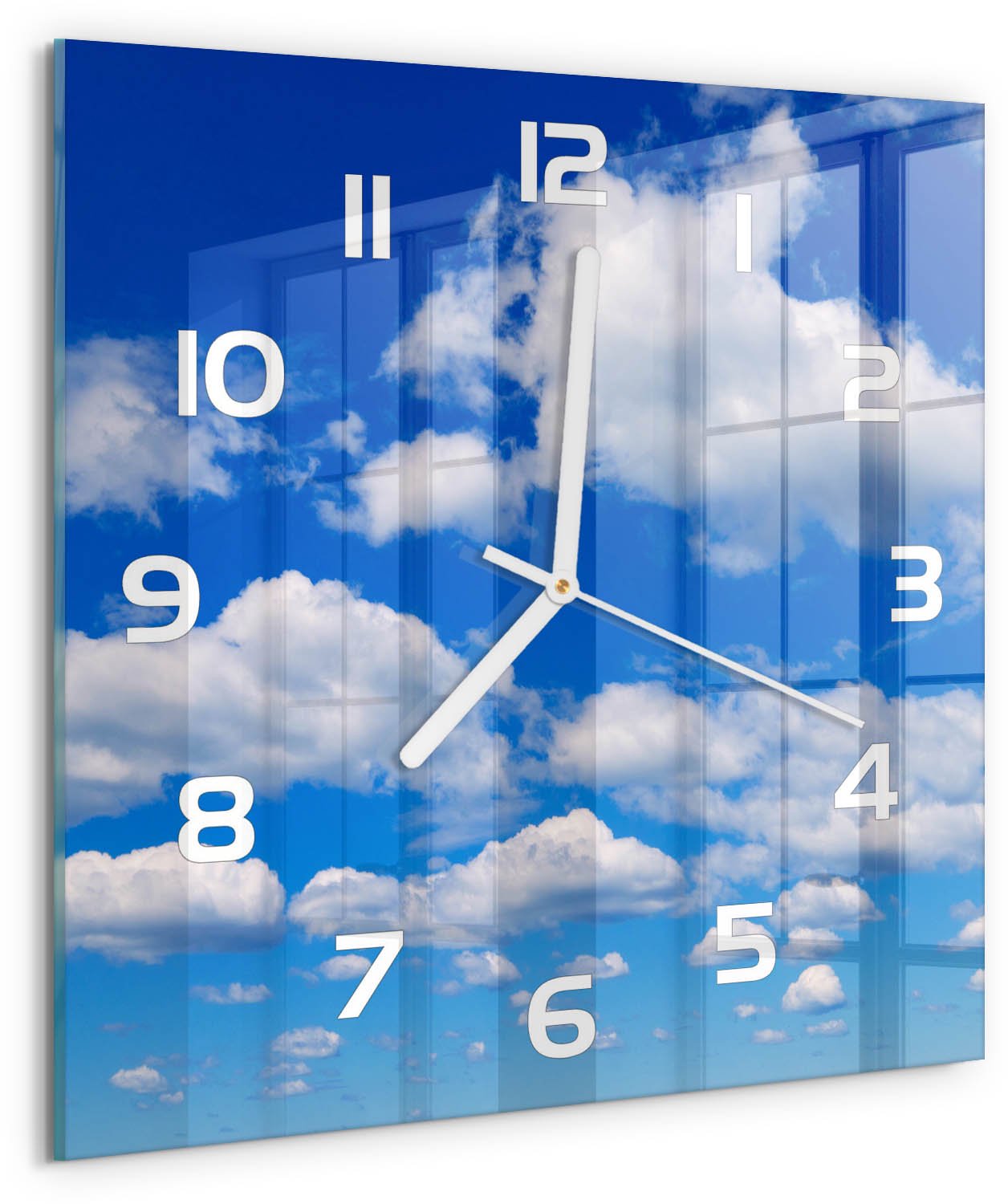 Tulup Wandklok - Wolken aan de hemel Decoratieve Glazen Klok - 30x30 cm - Blauw Glazen Wandklok Design - Witte handen - Vierkante Klok - Glazen Klok Met Print - Wandklok Glas Met Motief