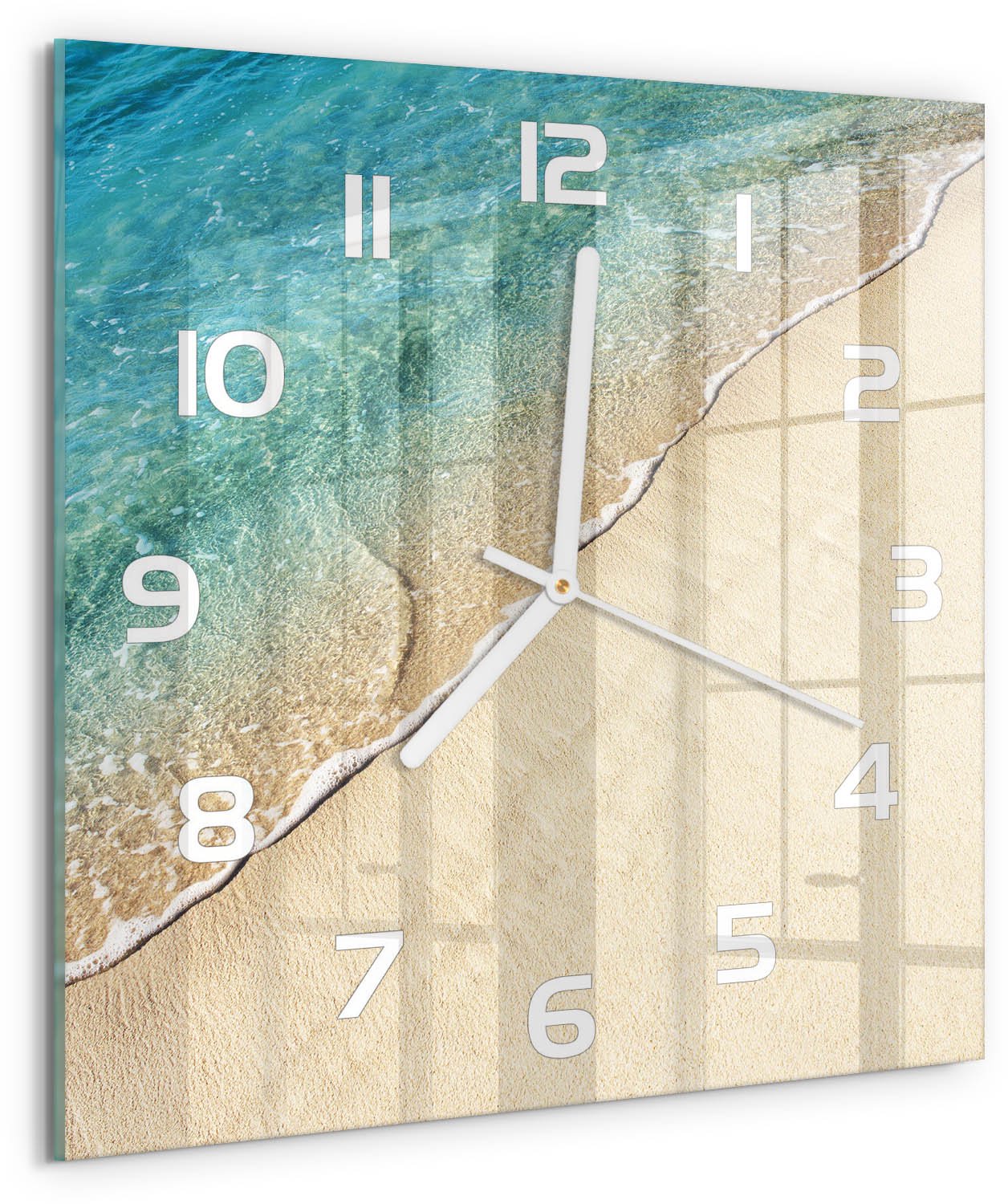 Tulup Wandklok - Golf op het strand Glazen Wandklok Design - 30x30 cm - Blauw Klok Glas Met Opdruk - Witte handen - Vierkante Klok - Wandklok Glas Met Motief - Decoratieve Glazen Klok