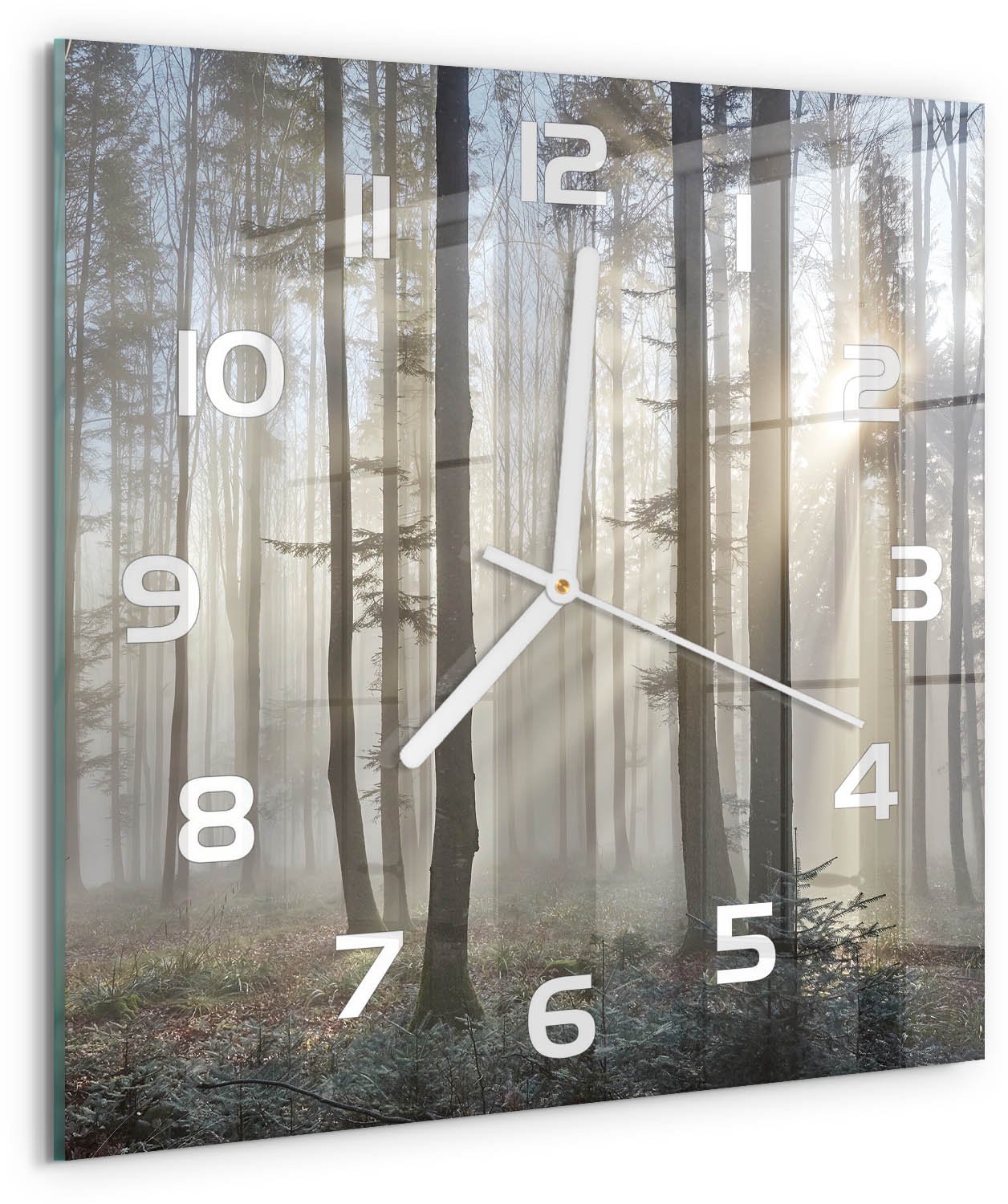 Tulup Wandklok - Mist in het bos Glazen Klok Met Print - 30x30 cm - Bruin Wandklok Glas Met Motief - Witte handen - Vierkante Klok - Wandklok Glas Decoratie - Gekleurde Glazen Klok