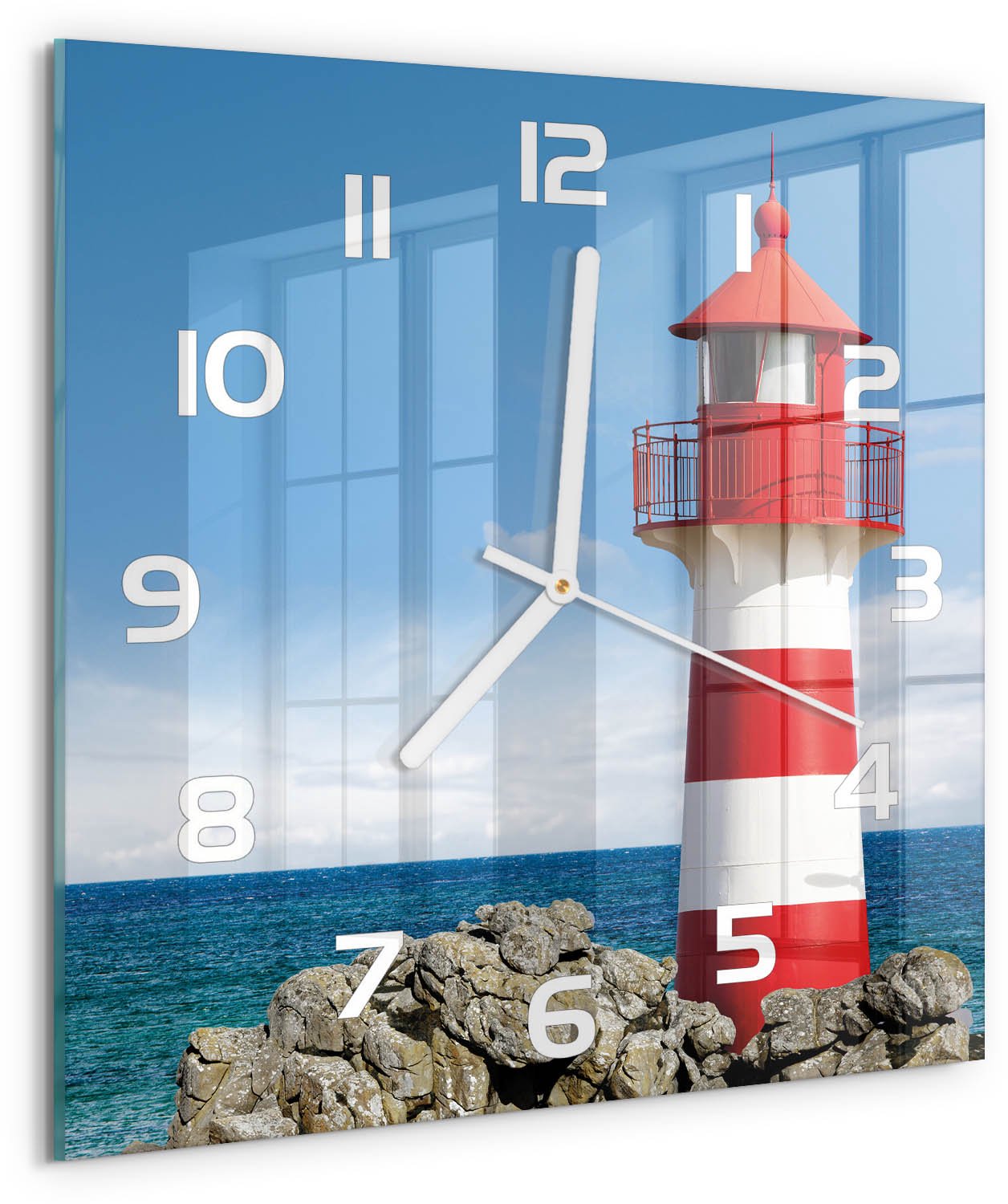 Tulup Wandklok - Vuurtoren Wandklok Glas Met Motief - 30x30 cm - Rood Decoratieve Glazen Klok - Witte handen - Vierkante Klok - Gekleurde Glazen Klok - Glazen Klok Met Print