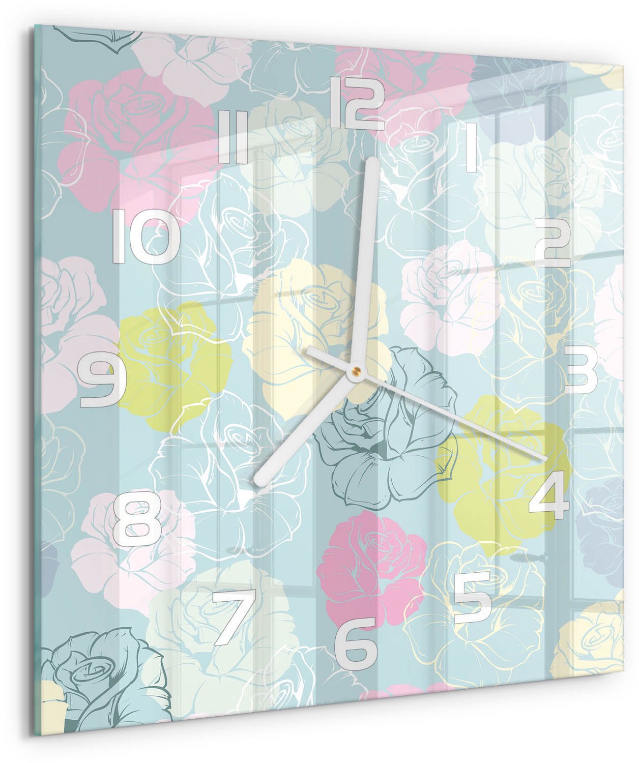 Tulup Wandklok - Rozen Glazen Klok Met Print - 30x30 cm - Veelkleurig Wandklok Glas Met Motief - Witte handen - Vierkante Klok - Wandklok Glas Decoratie - Gekleurde Glazen Klok