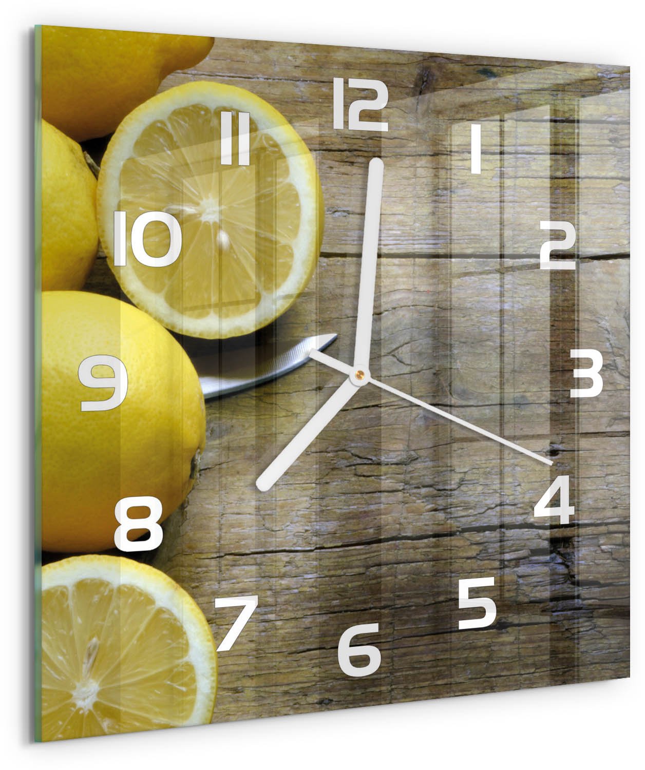 Tulup Wandklok - Citroenen op hout Decoratieve Glazen Klok - 30x30 cm - Geel Glazen Wandklok Design - Witte handen - Vierkante Klok - Glazen Klok Met Print - Wandklok Glas Met Motief