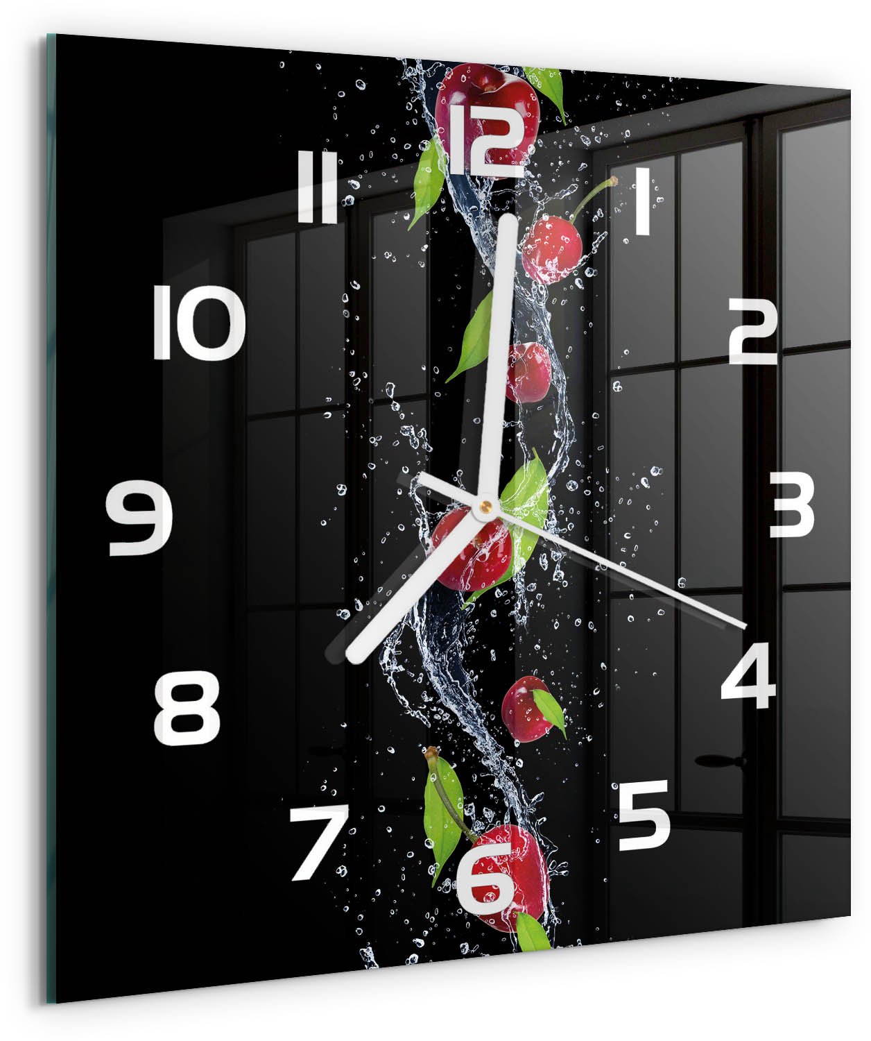 Tulup Wandklok - Kersen Decoratieve Glazen Klok - 30x30 cm - Rood Glazen Wandklok Design - Witte handen - Vierkante Klok - Glazen Klok Met Print - Wandklok Glas Met Motief