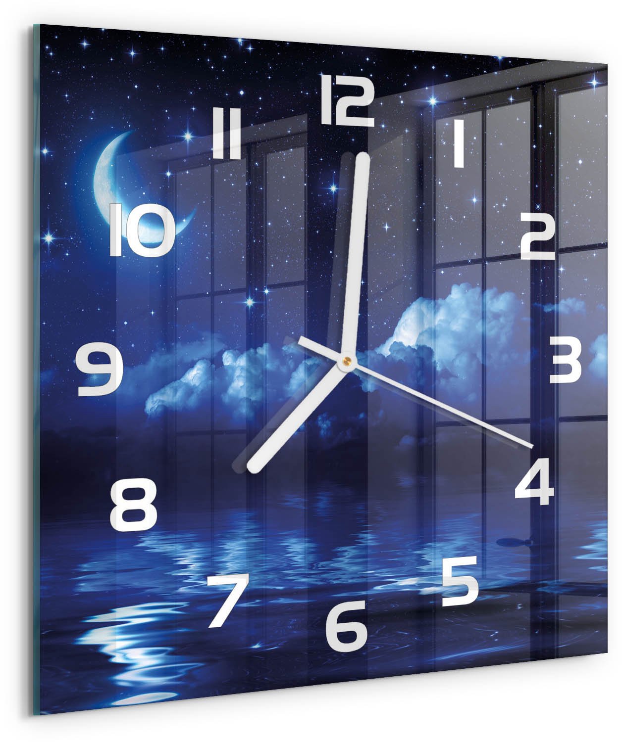 TULUP Wandklok - De nachtelijke hemel Moderne Wandklok Glas - 30x30 cm - Blauw Wandklok Glas Decoratie - Witte handen - Vierkante Klok - Glazen Wandklok Design - Klok Glas Met Opdruk