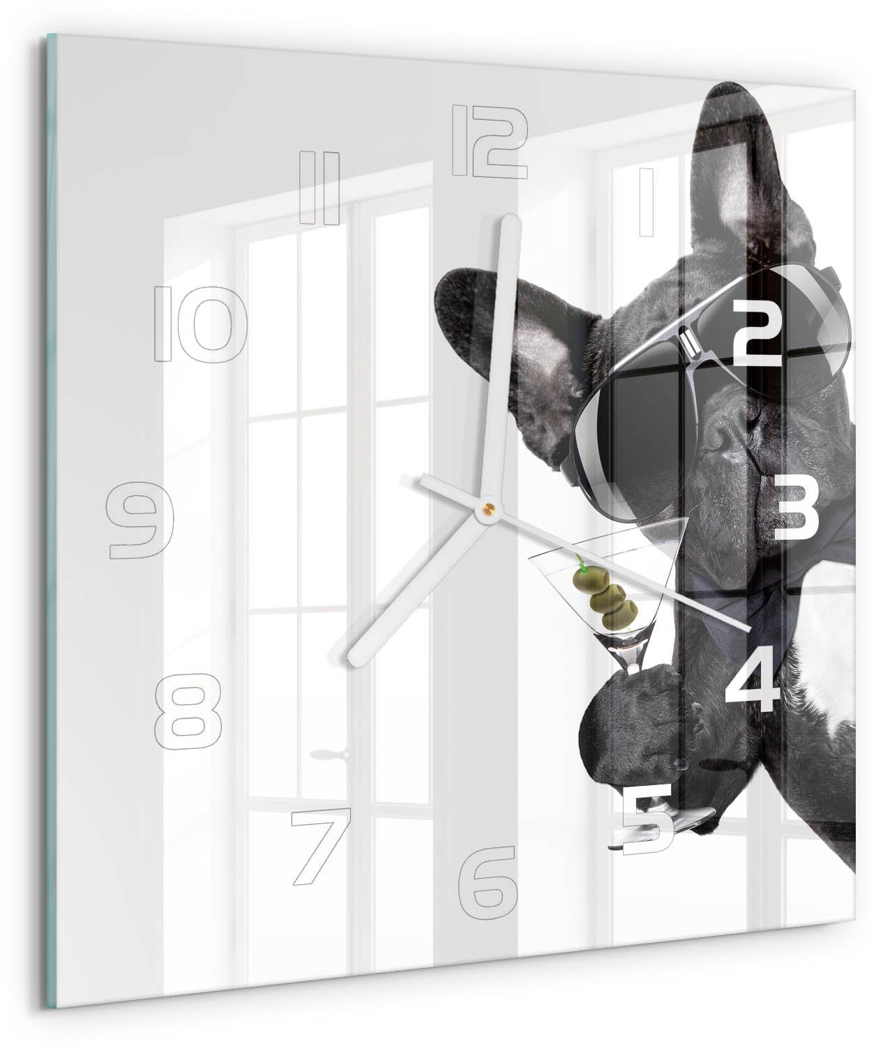 Tulup Wandklok - Martini Dog Wandklok Glas Met Motief - 30x30 cm - Zwart Decoratieve Glazen Klok - Witte handen - Vierkante Klok - Gekleurde Glazen Klok - Glazen Klok Met Print
