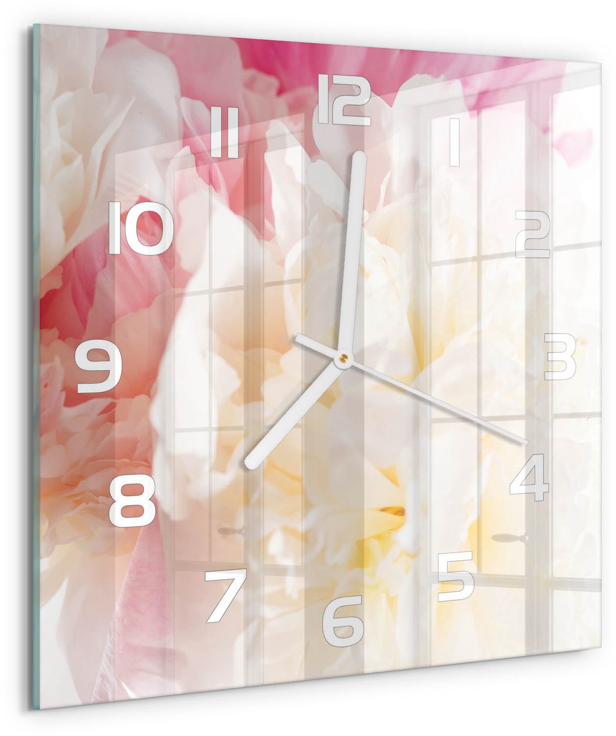 Tulup Wandklok - Pioen Decoratieve Glazen Klok - 30x30 cm - Roze Glazen Wandklok Design - Witte handen - Vierkante Klok - Glazen Klok Met Print - Wandklok Glas Met Motief