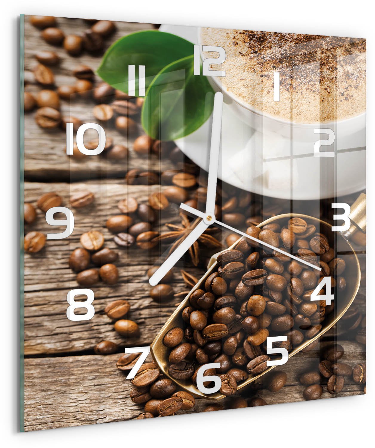 Tulup Wandklok - Koffie Decoratieve Glazen Klok - 30x30 cm - Bruin Glazen Wandklok Design - Witte handen - Vierkante Klok - Glazen Klok Met Print - Wandklok Glas Met Motief