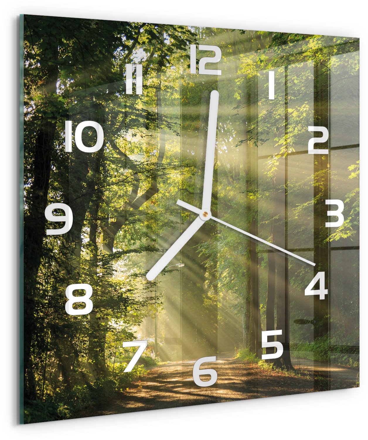 Tulup Wandklok - Bos in de zon Moderne Wandklok Glas - 30x30 cm - Groente Wandklok Glas Decoratie - Witte handen - Vierkante Klok - Glazen Wandklok Design - Klok Glas Met Opdruk