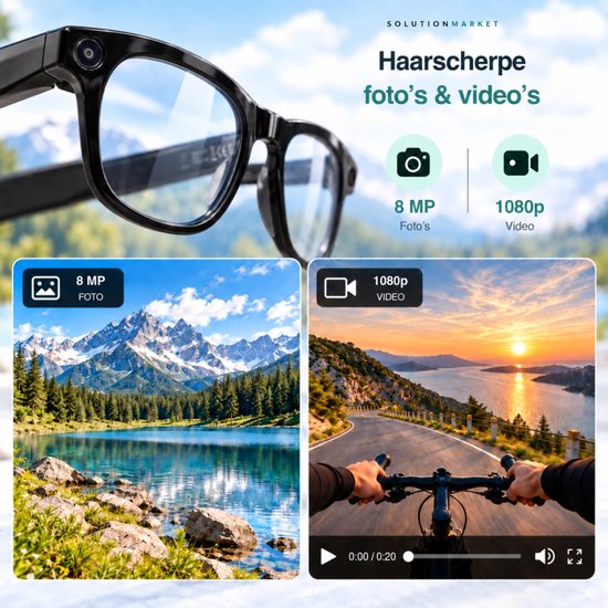 SolutionMarket Camera Bril / Smart Glasses – 8MP – Full HD – AI Vertaling – Bellen & Muziek – Clip-on Zonnebril – Zwarte Oplaadcase — afbeelding 2